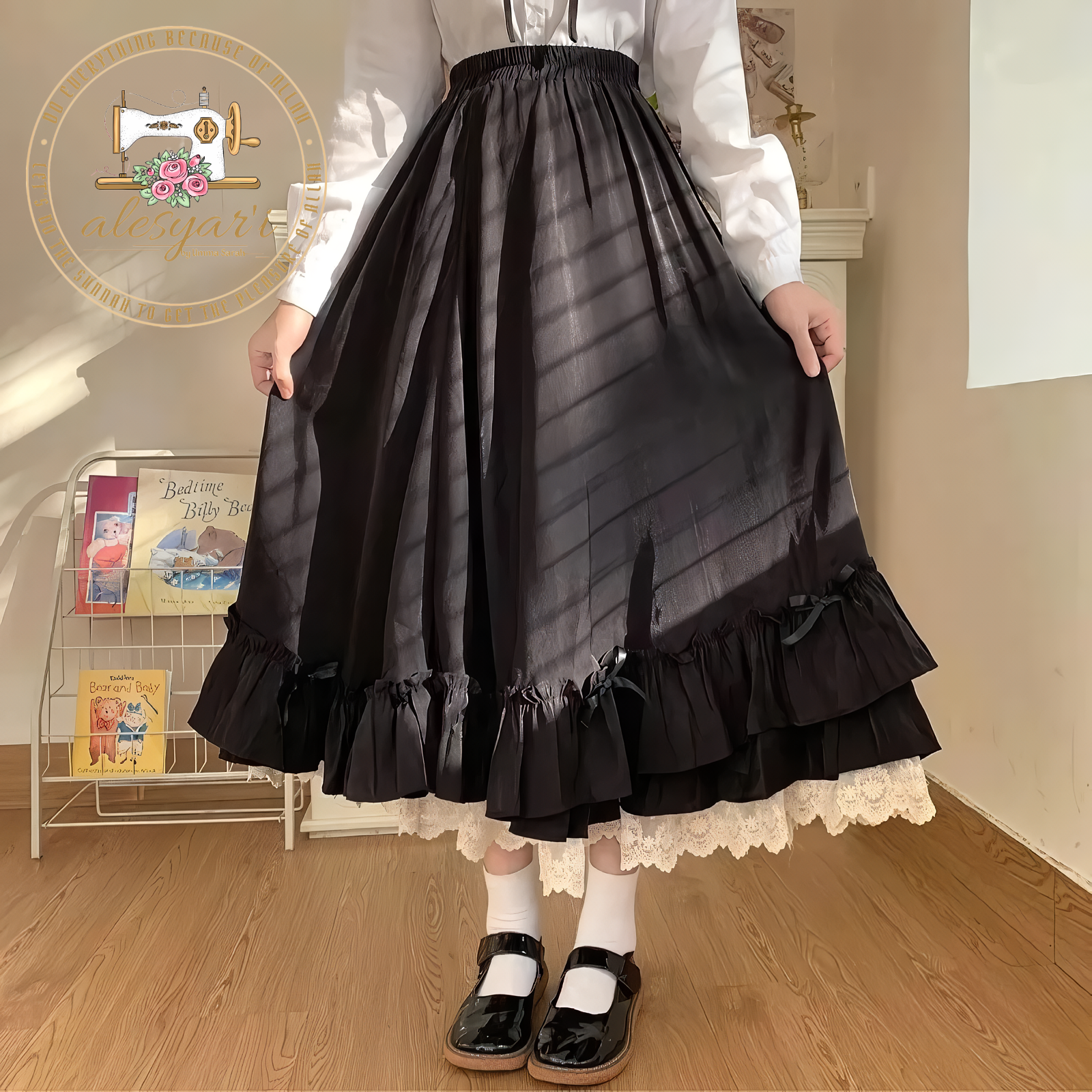 Alesyari Shop I Antique French Pleated A-line Skirt with Double Layer in Plain Japanese Colors – Half Black and White Hepburn Style Long Women's Skirt