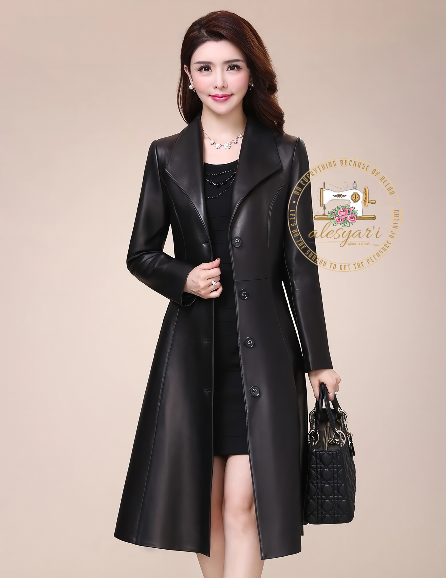 Alesyari Shop I Elegance Unveiled: Embrace Spring and Autumn in Our Long Black Soft Faux Leather Coat – A Stunning Jacket for Women