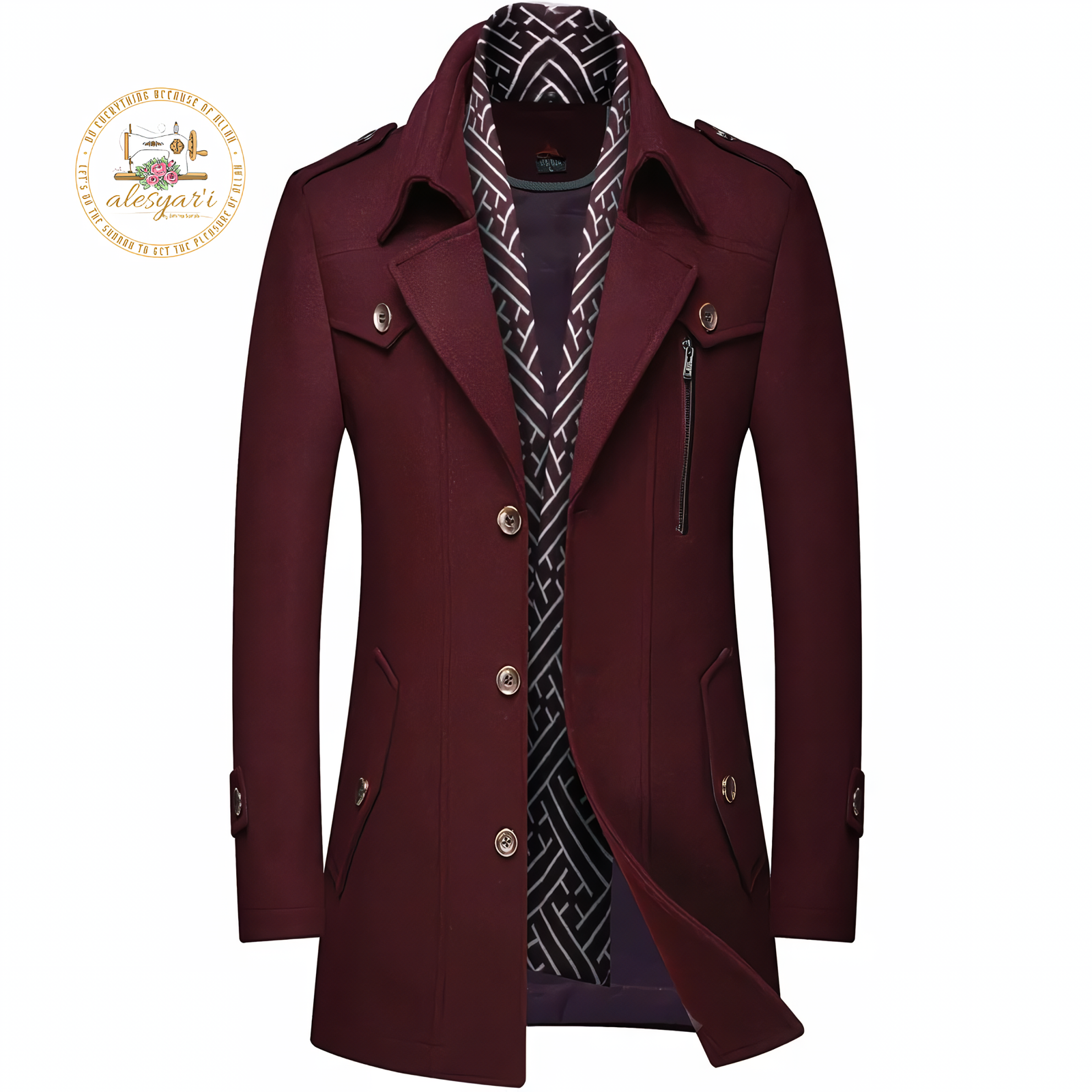 Alesyari Shop I Men's Winter Woolen Coats: Stylish Mid-Length Trench with Thickened Design, Solid Tone, Turn-Down Collar, and Warm Outerwear for Business Casual Style