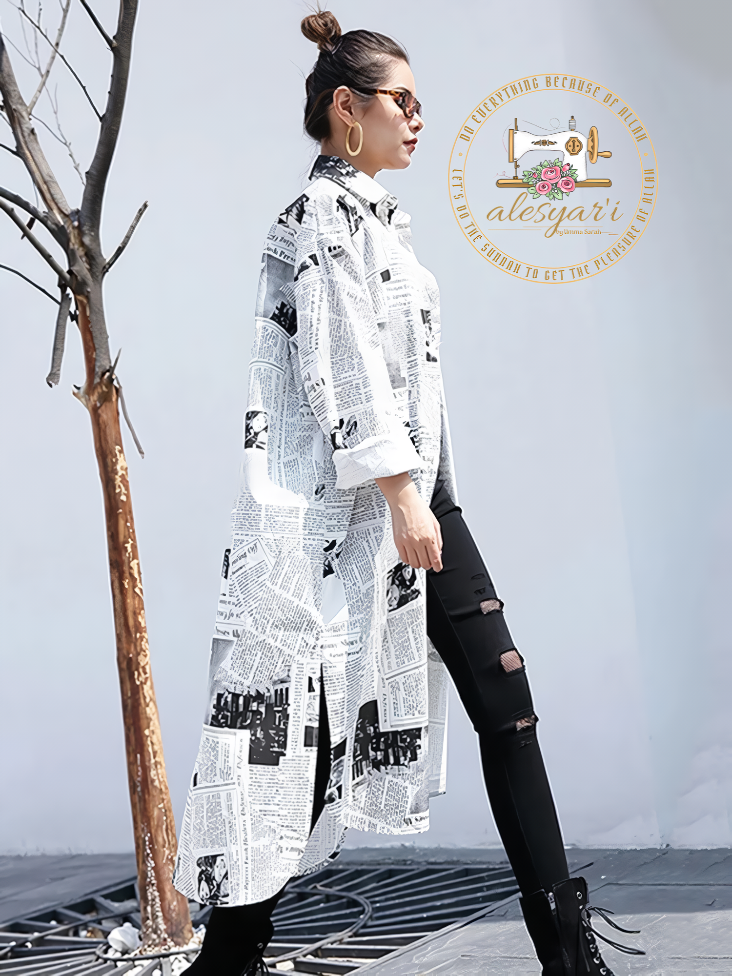 Alesyari Shop I Chic White Irregular Print: Embrace Style with our New Oversized Long Blouse – Elevate Your Wardrobe for Fashionable Spring and Autumn