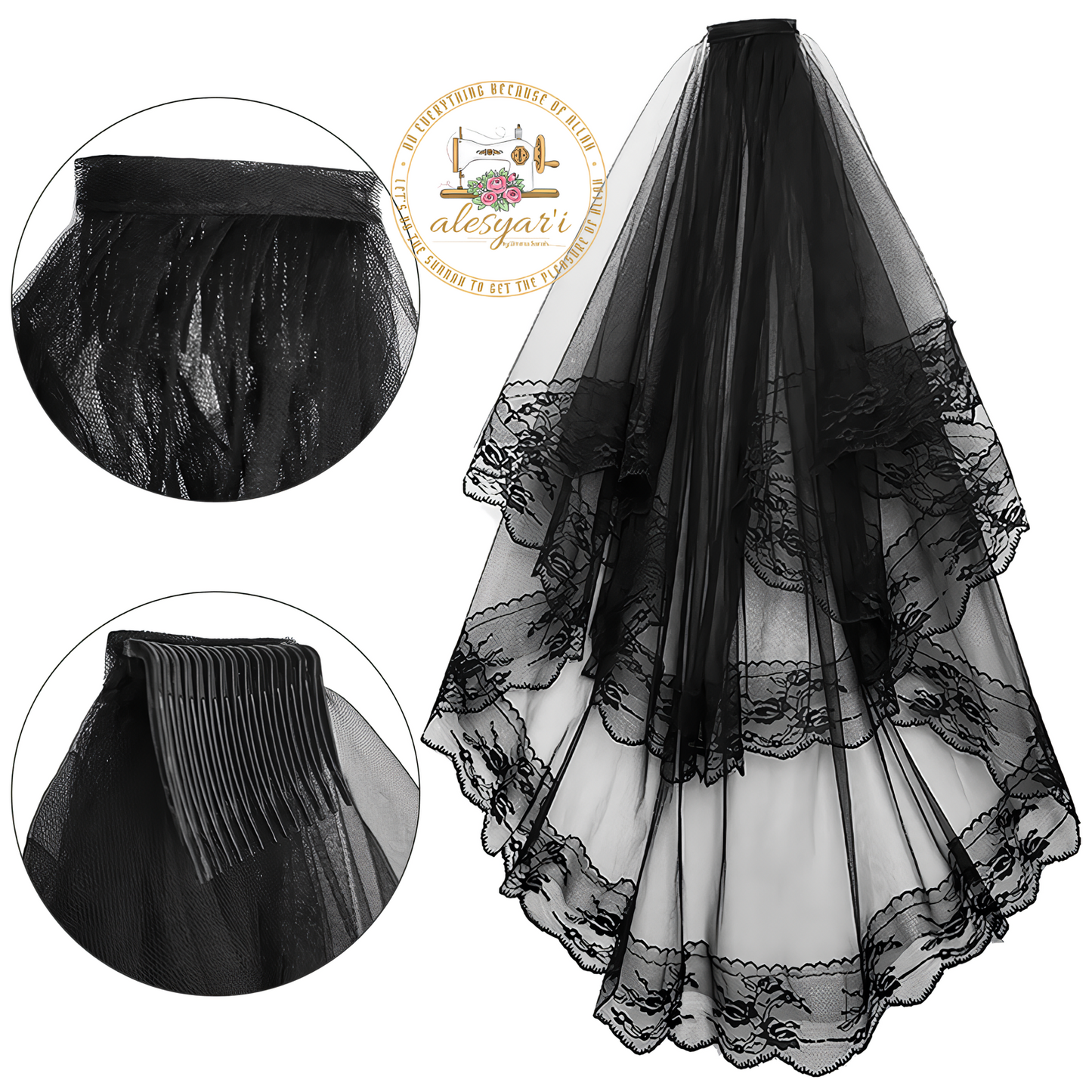 Alesyari Shop I Short Two-Layer Black and White Lace Bridal Veils with Comb – Ideal for Brides, Cosplay, and Vintage-inspired Wedding Elegance