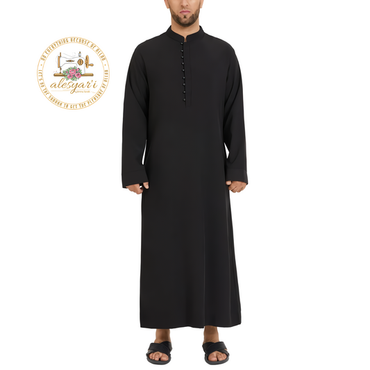 Alesyari Shop I Long Sleeve Solid Color Jubba Thobe for Muslim Men Style with a Stand Collar, Infused with Islamic Arabic Kaftan Elements