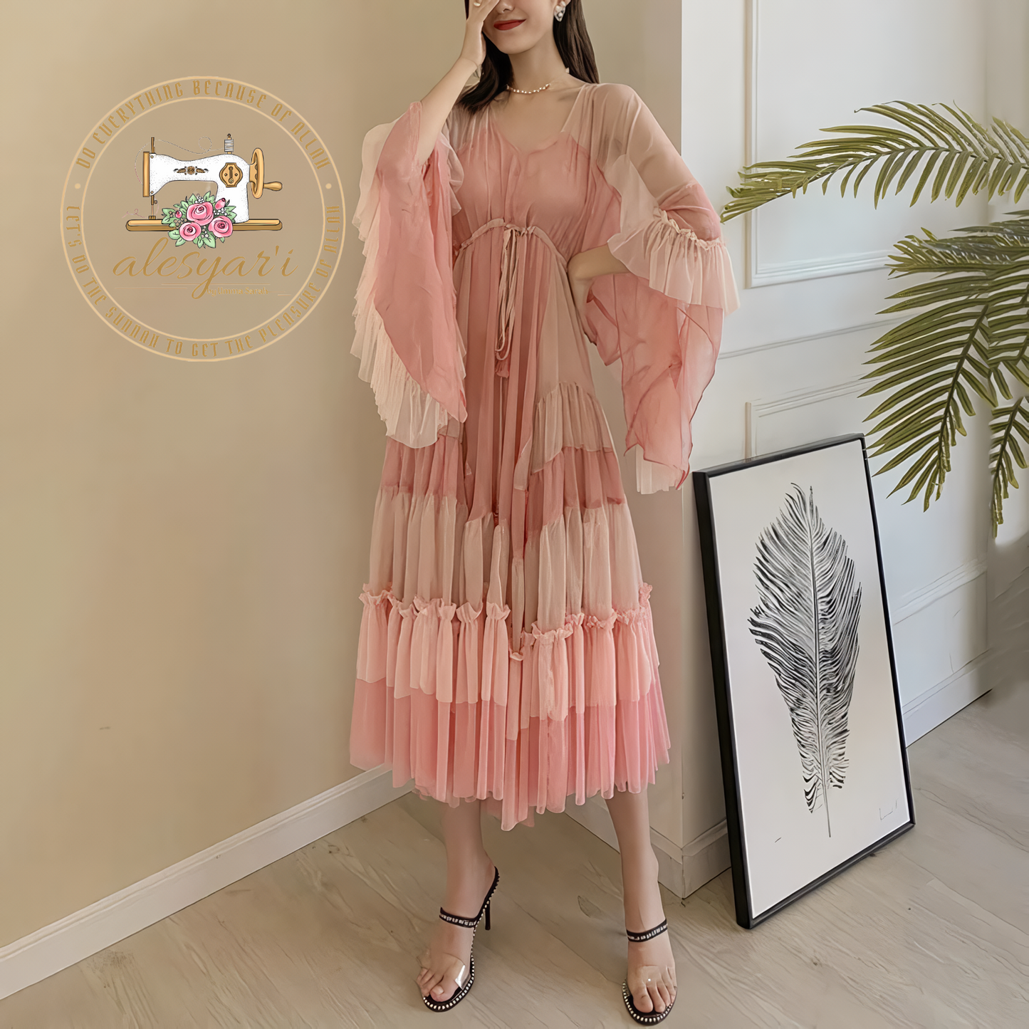 Alesyari Shop I New Summer 2023 Pink Cake Dress: Elegant Fashion with Striped Flare Sleeves, Waist Tie, and Beach-Style