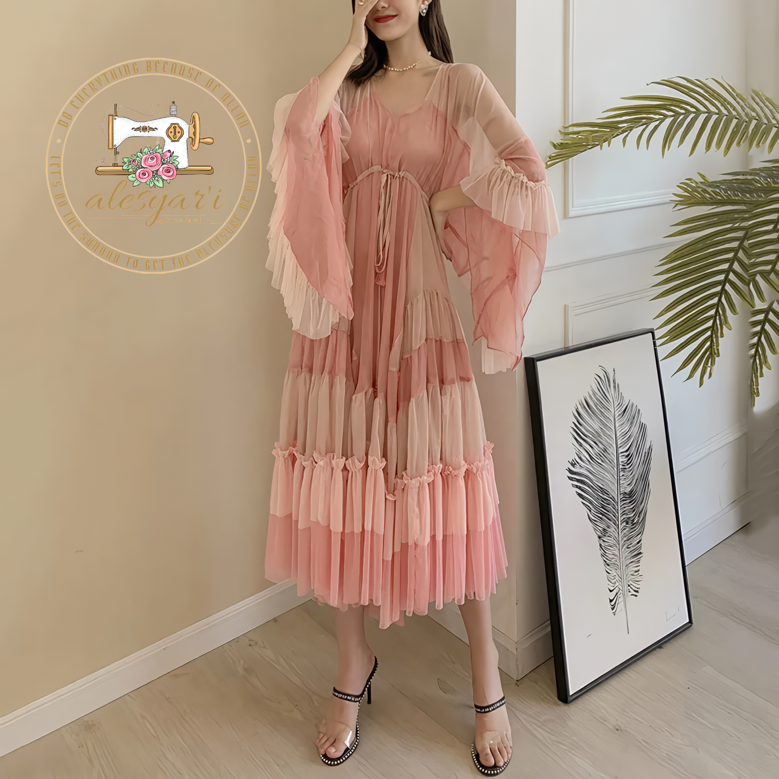 Alesyari Shop I New Summer 2023 Pink Cake Dress: Elegant Fashion with Striped Flare Sleeves, Waist Tie, and Beach-Style