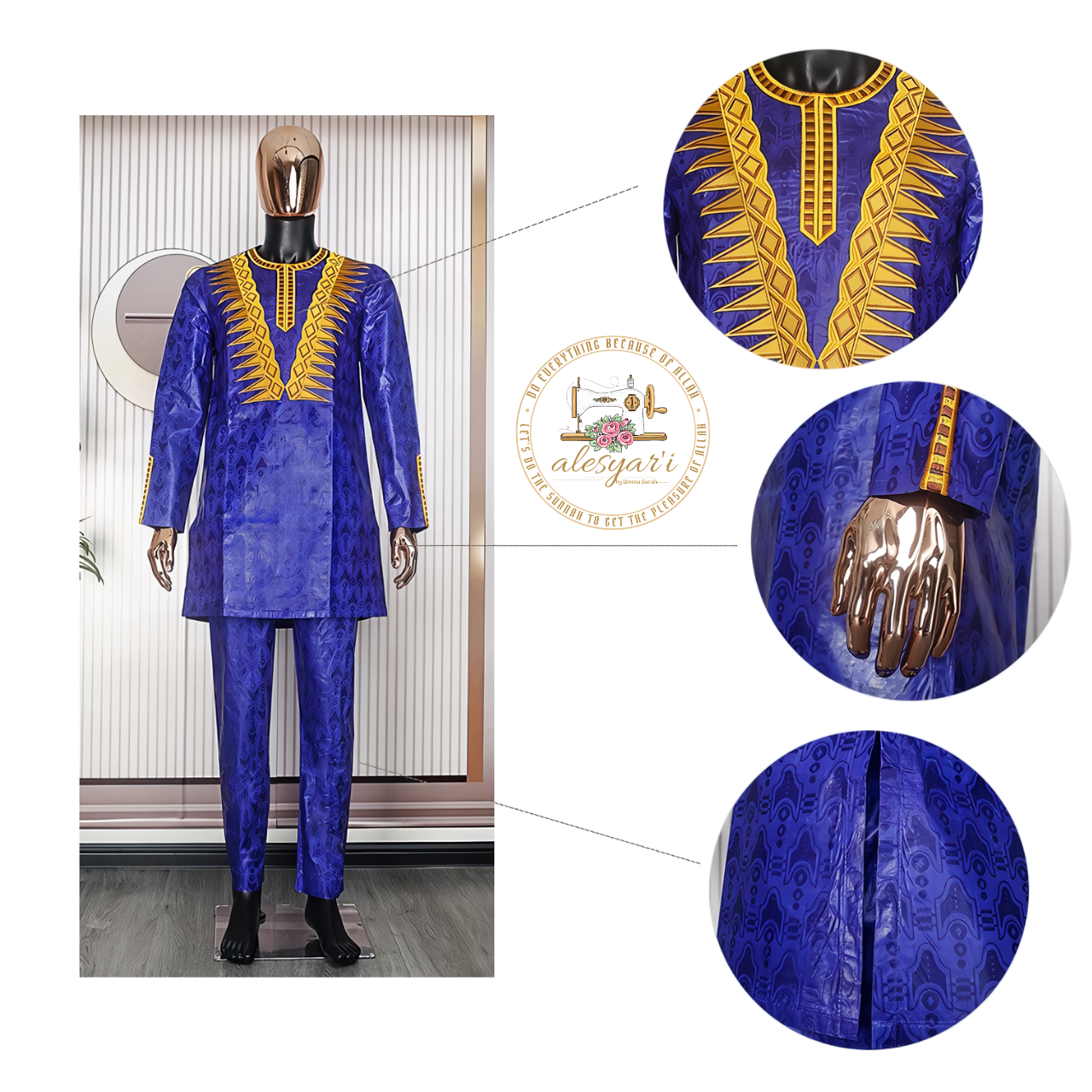 Alesyari Shop I Traditionally Inspired: Blue Embroidered 2-Piece Set for Men – Bazin Top and Pants Perfect for Muslim Wedding Parties and Dashiki Events