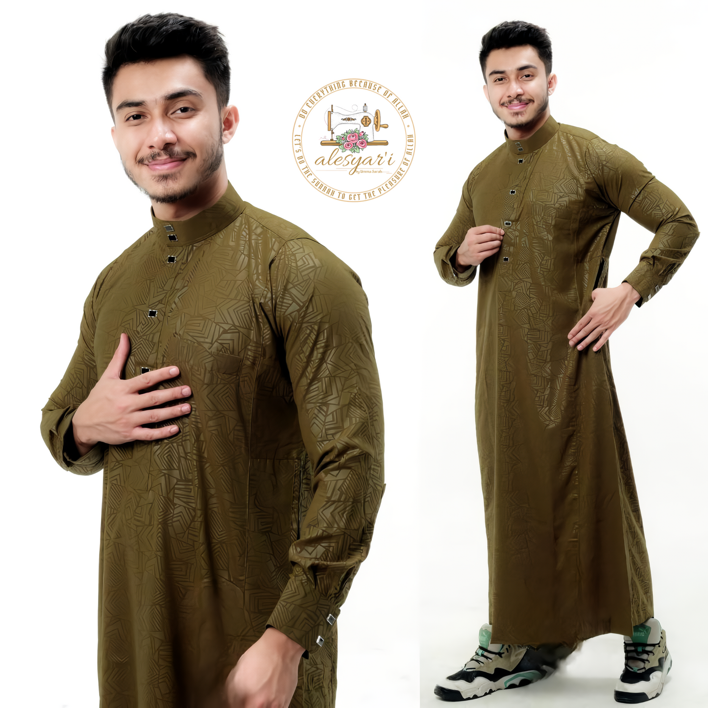 Alesyari Shop I 2024 Muslim Men Jubba Thobe Solid Color Patchwork Robe Saudi Shirt Stand Collar Islamic Arabic Kaftan Men Abaya