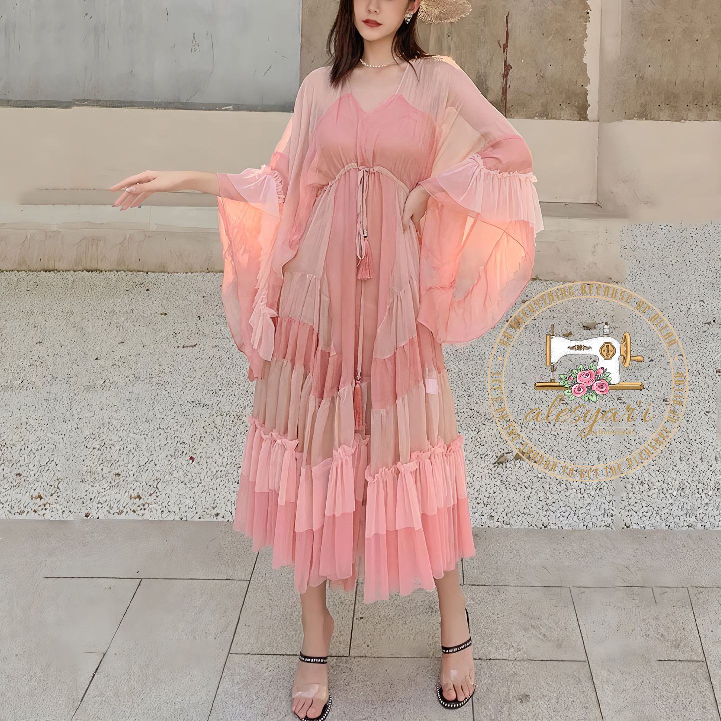 Alesyari Shop I New Summer 2023 Pink Cake Dress: Elegant Fashion with Striped Flare Sleeves, Waist Tie, and Beach-Style