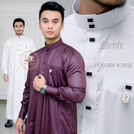 Alesyari Shop I Slimfit Muslim Clothing Contrast Color Muslim Dress Middle East Jubba Thobe Men Robe w/ Long Sleeves Mandarin Neck