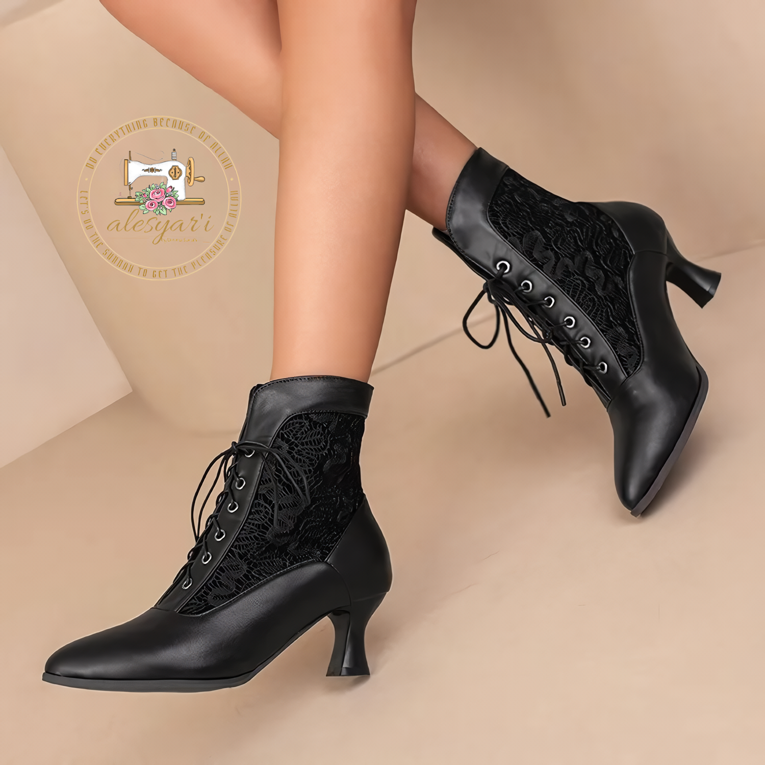 Alesyari Shop I Step into Elegance: Victorian-Inspired Leather Ankle Boots with Lace Details and High Heels for Fashionable Women