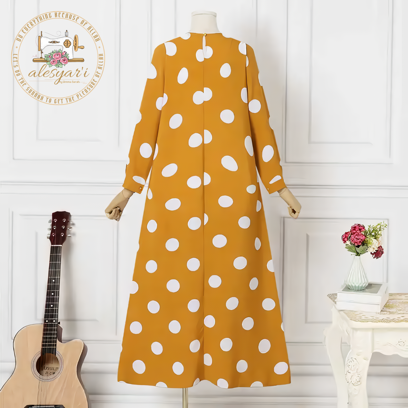 Alesyari Shop I Women Muslim Polka Dots Printed Dress Elegant O-Neck Long Sleeve Sundress Casual Loose Robe Femme Turkey Abaya