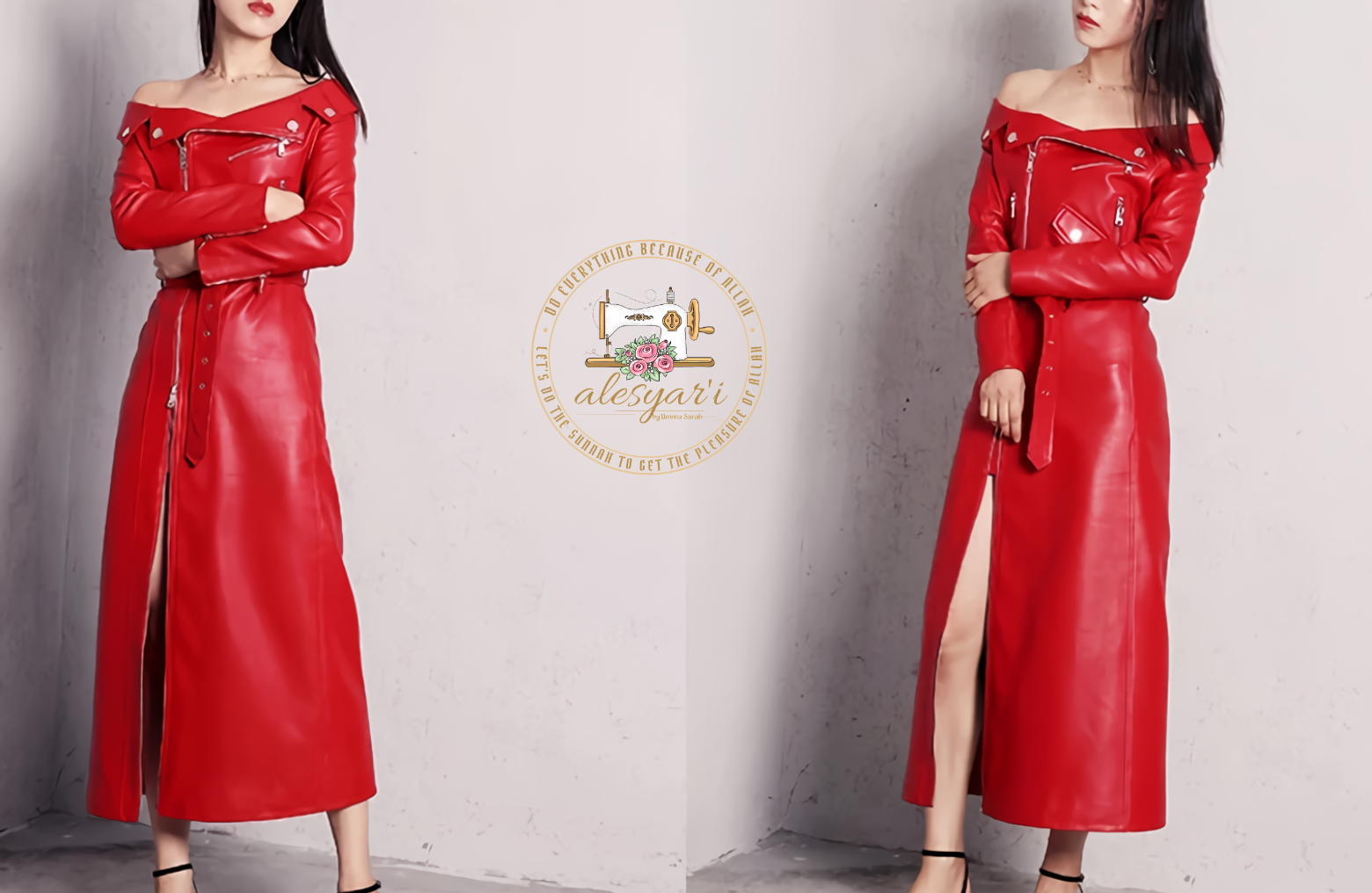 Alesyari Shop I Elegant Slash Neck Maxi Dresses in Red and Black PU Leather for Women - Perfect for Spring and Autumn Runway Style with Long Sleeves