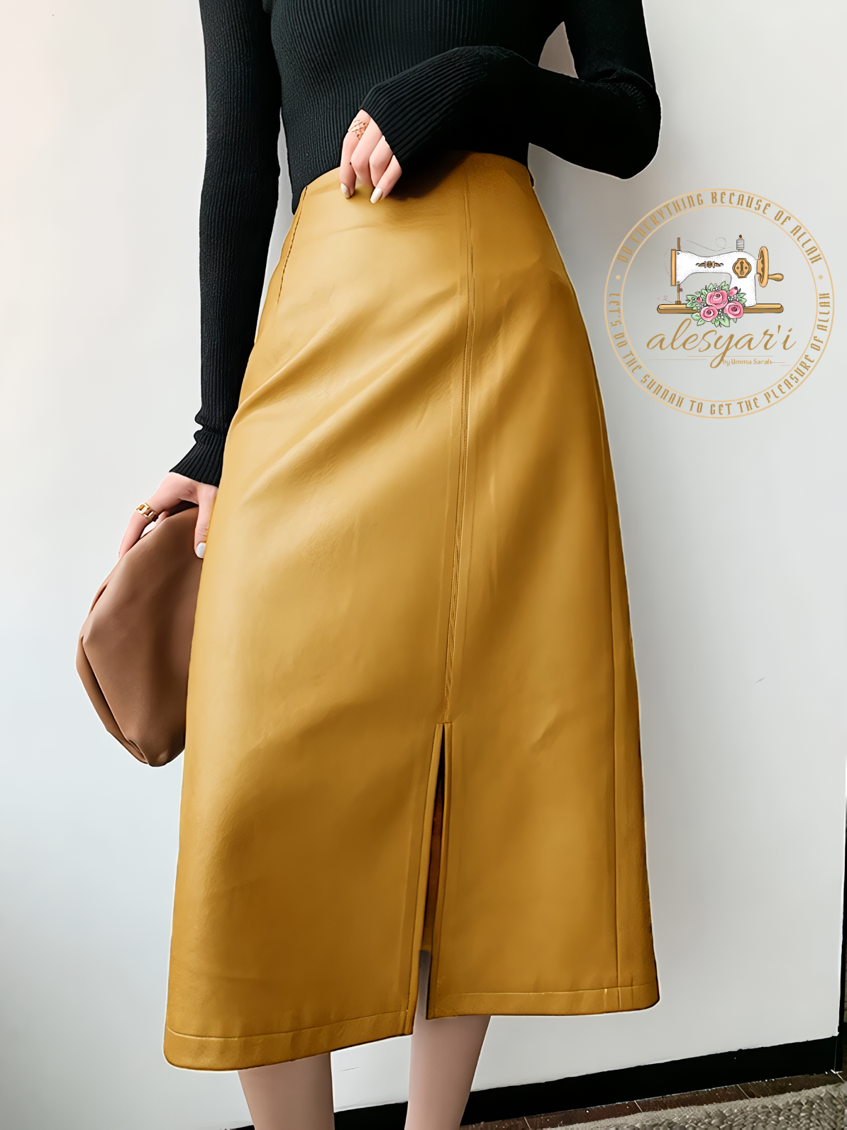 Alesyar'i Shop I Sunny Elegance: High-Waisted Midi Skirts in Yellow and Black Soft Leather with Zipper Closure - Long, Straight Style for Women