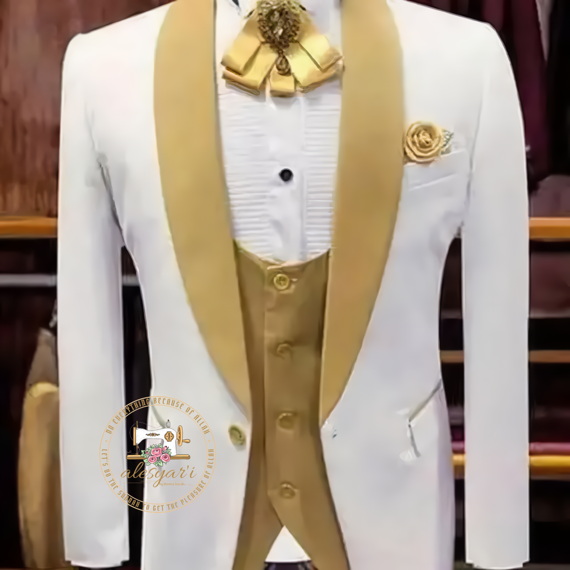 Alesyari Shop I Elegant White and Gold Wedding 3-Piece Men's Suit Ensemble with Groomsman Shawl Lapel, Featuring a Stylish Jacket, Vest, and Gold Pants