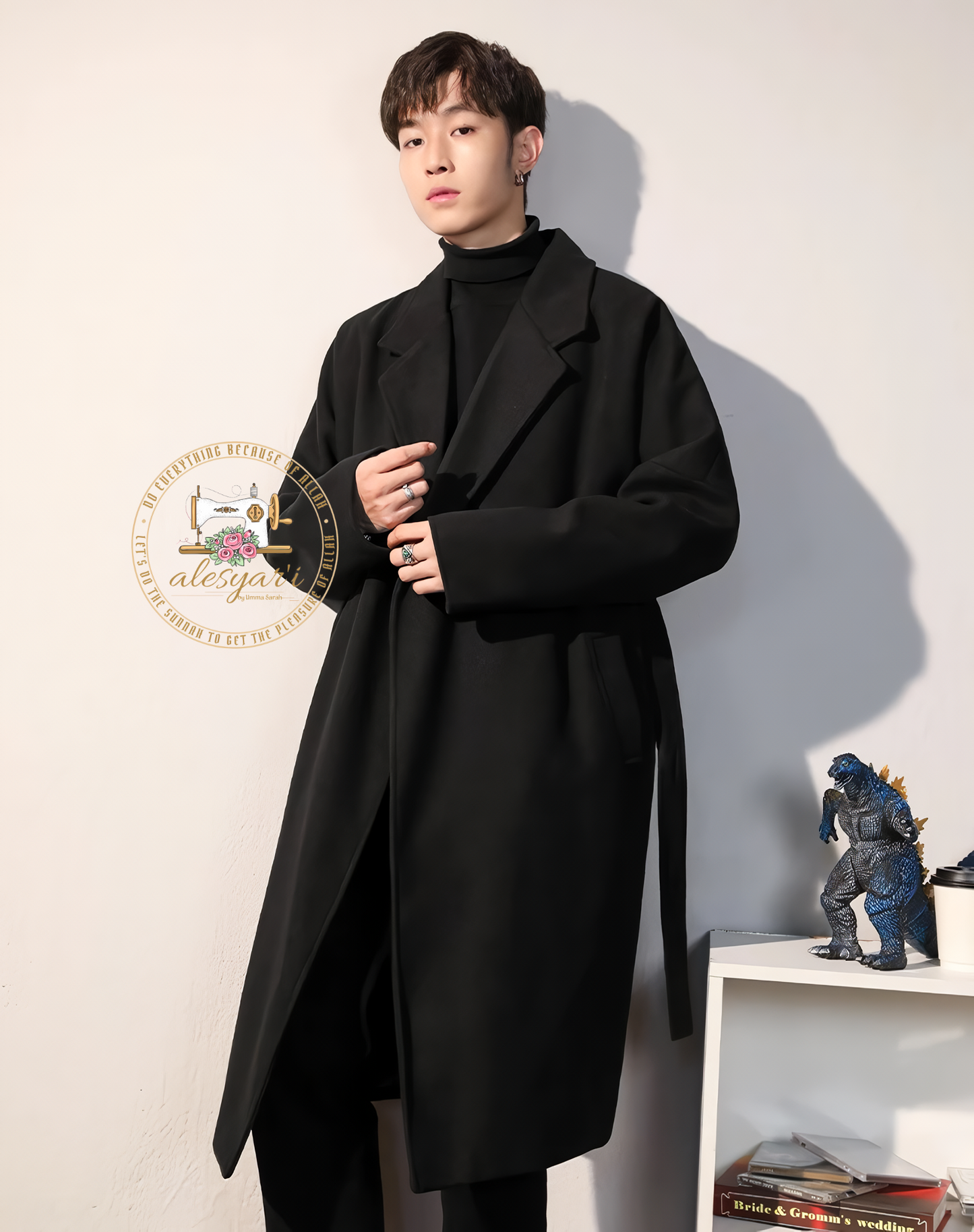 Alesyari Shop I Winter Elegance: Stylish Men's Black Wool Overcoat, Long Padding Coat, and Cardigans