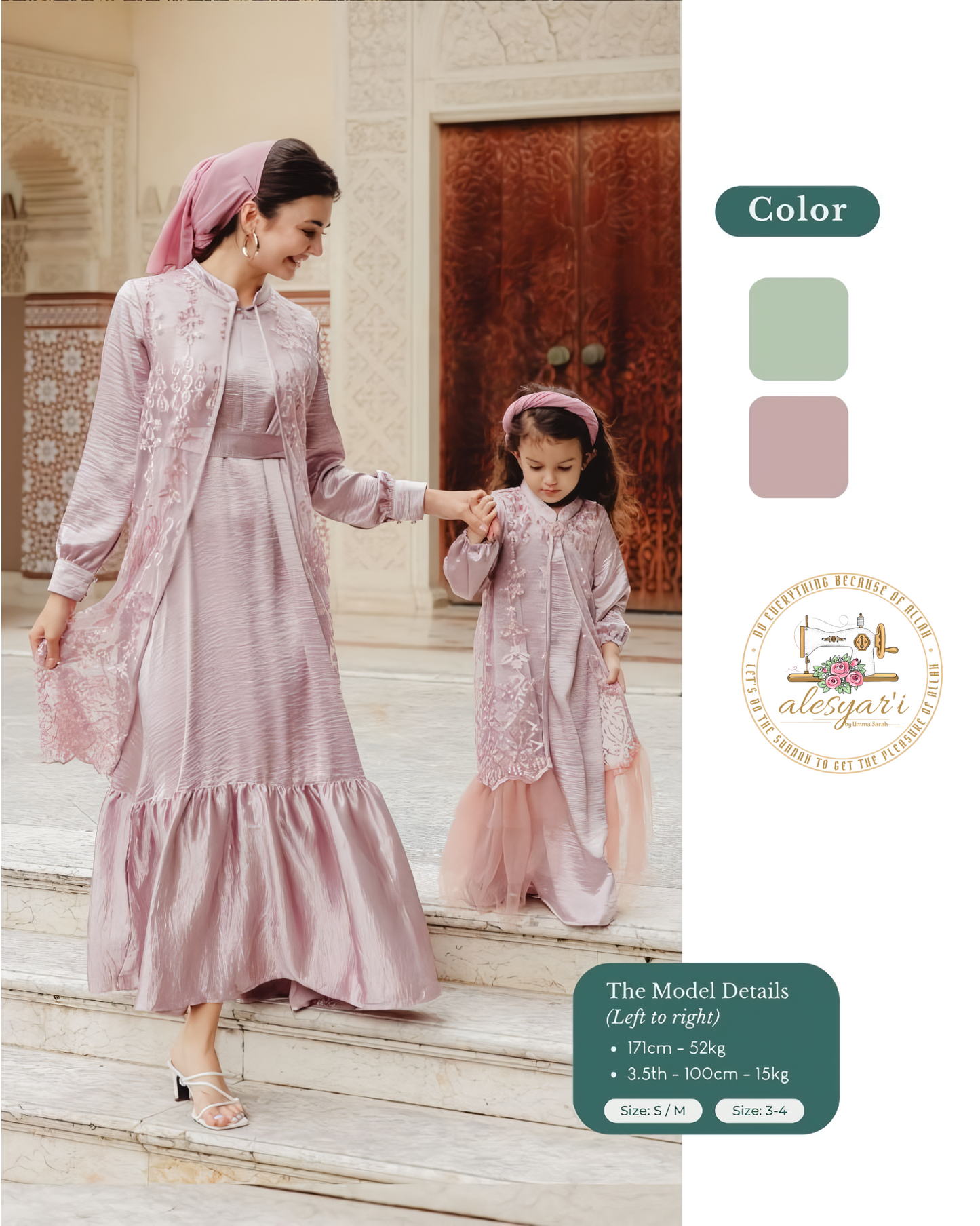 Fashion Family Matching Clothes Mother Daughter Dresses Sage Green Rose Gold Abaya Kids Mom