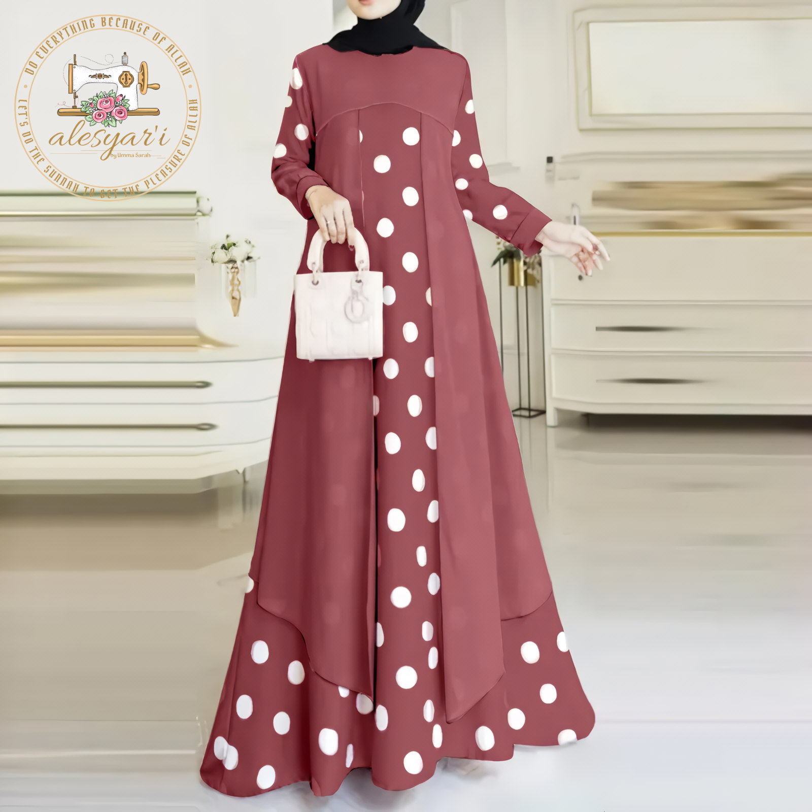 Alesyari Shop I Women Muslim Polka Dots Printed Dress Elegant O-Neck Long Sleeve Sundress Casual Loose Robe Femme Turkey Abaya