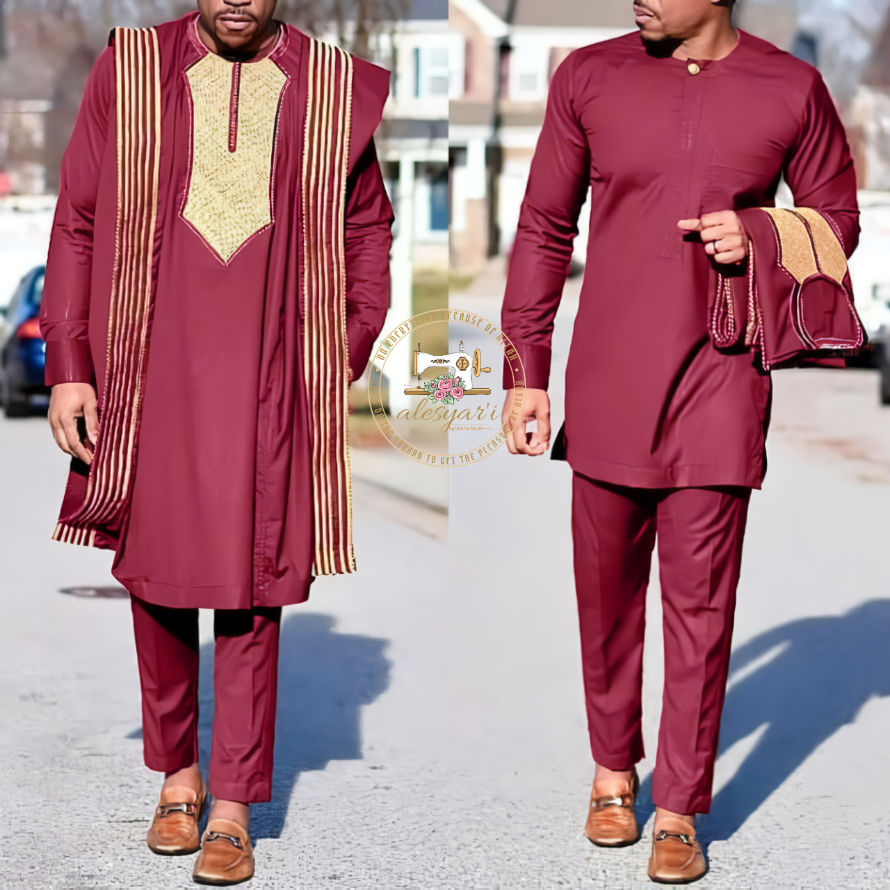 Alesyari Shop I Men's 3-Piece African Agbada Suit: Embroidered Robes, Dashiki Cover Shirt, and Pants Ensemble