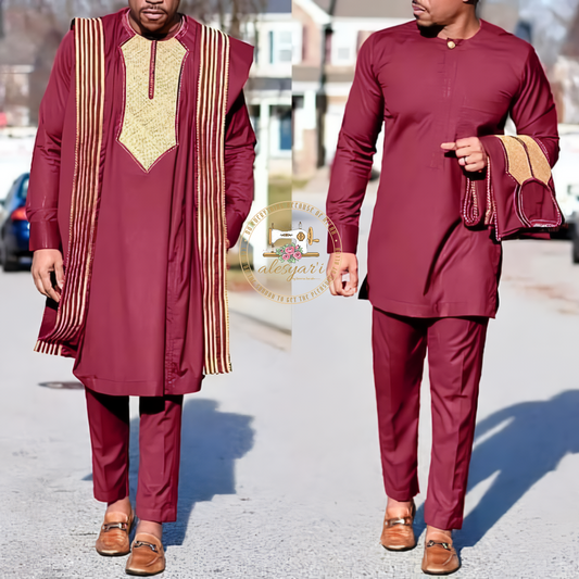 Alesyari Shop I Men's 3-Piece African Agbada Suit: Embroidered Robes, Dashiki Cover Shirt, and Pants Ensemble