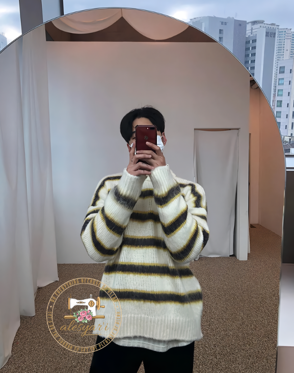 Alesyari Shop I Autumn Winter Round Neck Long Sleeve Knitting Tops: New Korean Chic Casual Men's Loose Striped Sweater