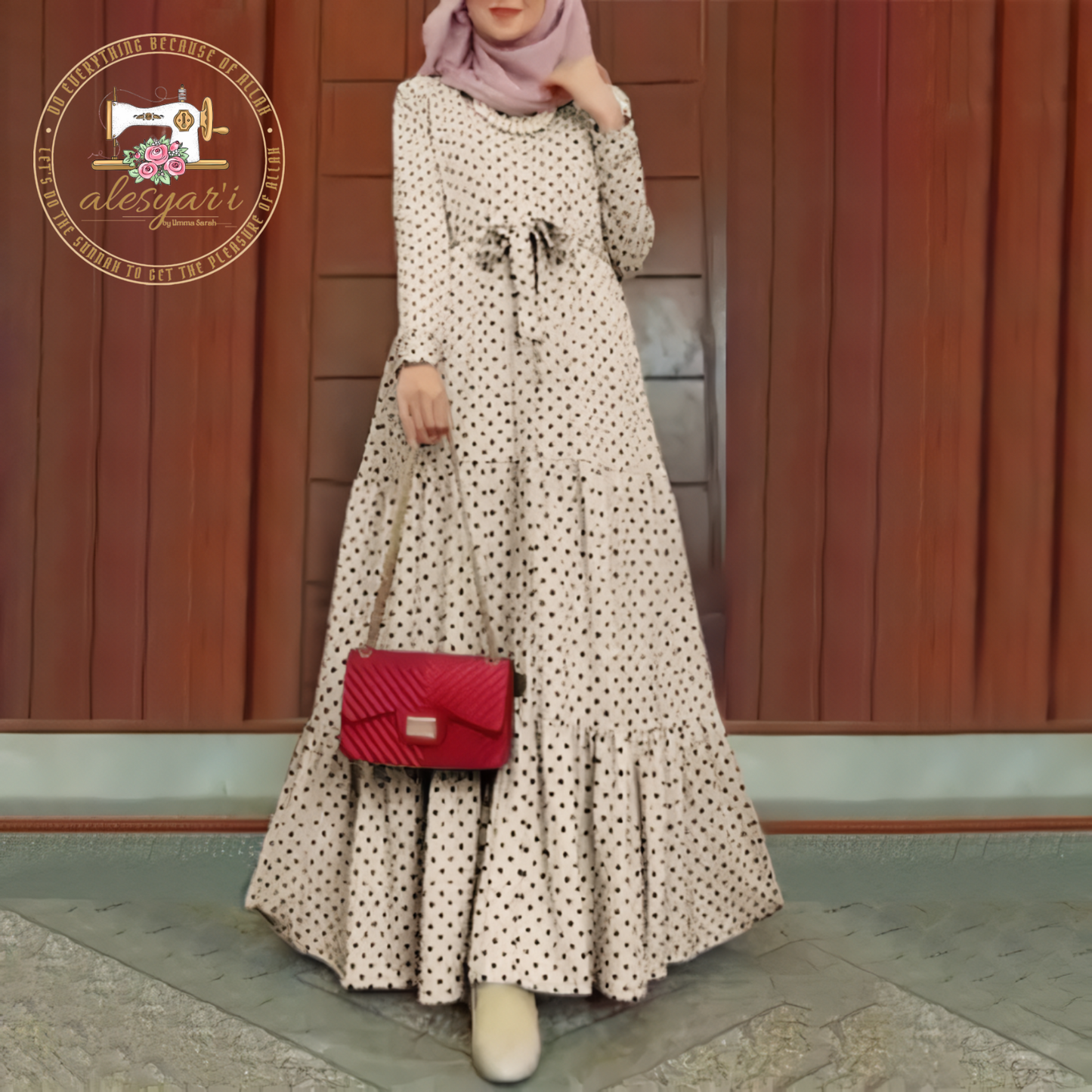 Alesyari Shop I Women Polka Dot Long Sleeve Dress Stylish Belts Party Robe Loose Maxi Dress Muslim Kaftan Sundress Morocco Abaya Hijab