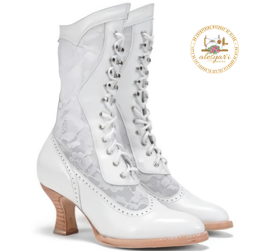 Alesyari Shop I Chic Rebellion: Pointed Toe Mid-Calf Leather Boots for Women with Lace Hollow Out, Punk Lace-Up Style, and Uniquely Strange High Heels