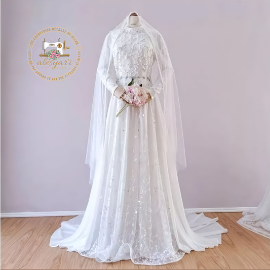 Alesyari Shop I Plus-Size Muslim Bridal Gown Tailor Your Style with Vintage Elegance, O-Neck, Long Sleeves, and White Lace Accents