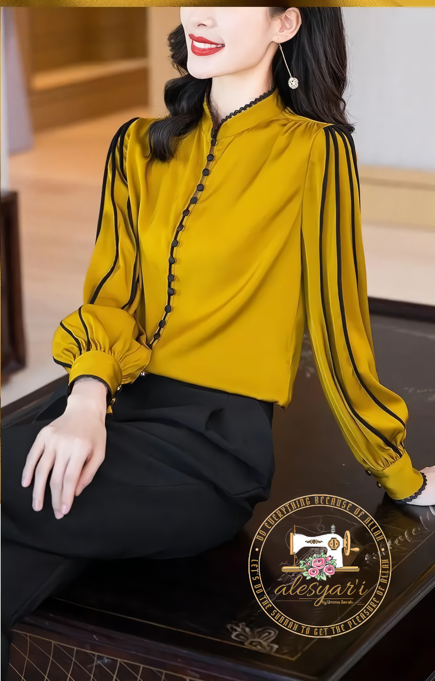 Alesyari Shop I Chic Korean-Inspired Long Sleeve Silk Shirt in Yellow and Black: Elevate Your Casual Elegance for Spring and Autumn Fashion