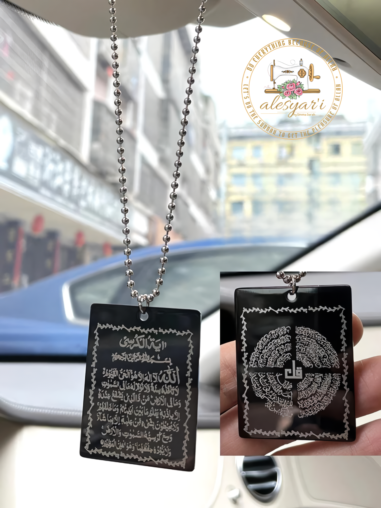 Alesyari Shop I Stainless Steel Car Pendant with Ayatul Kursi and Four Qul Suras on Both Sides