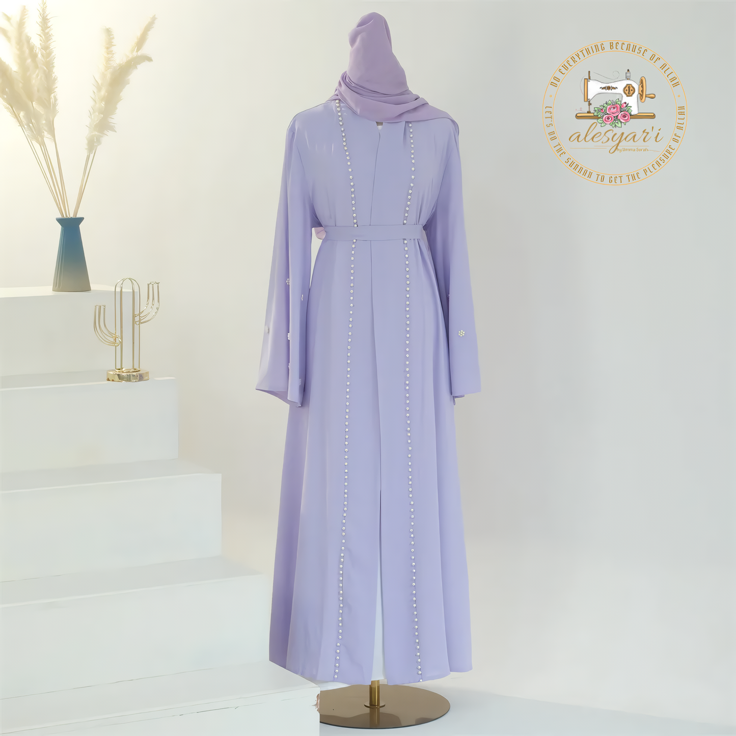 Alesyari Shop I Purple Majesty Luxurious Open-Front Muslim Abaya Kimono with Intricate Embellishments