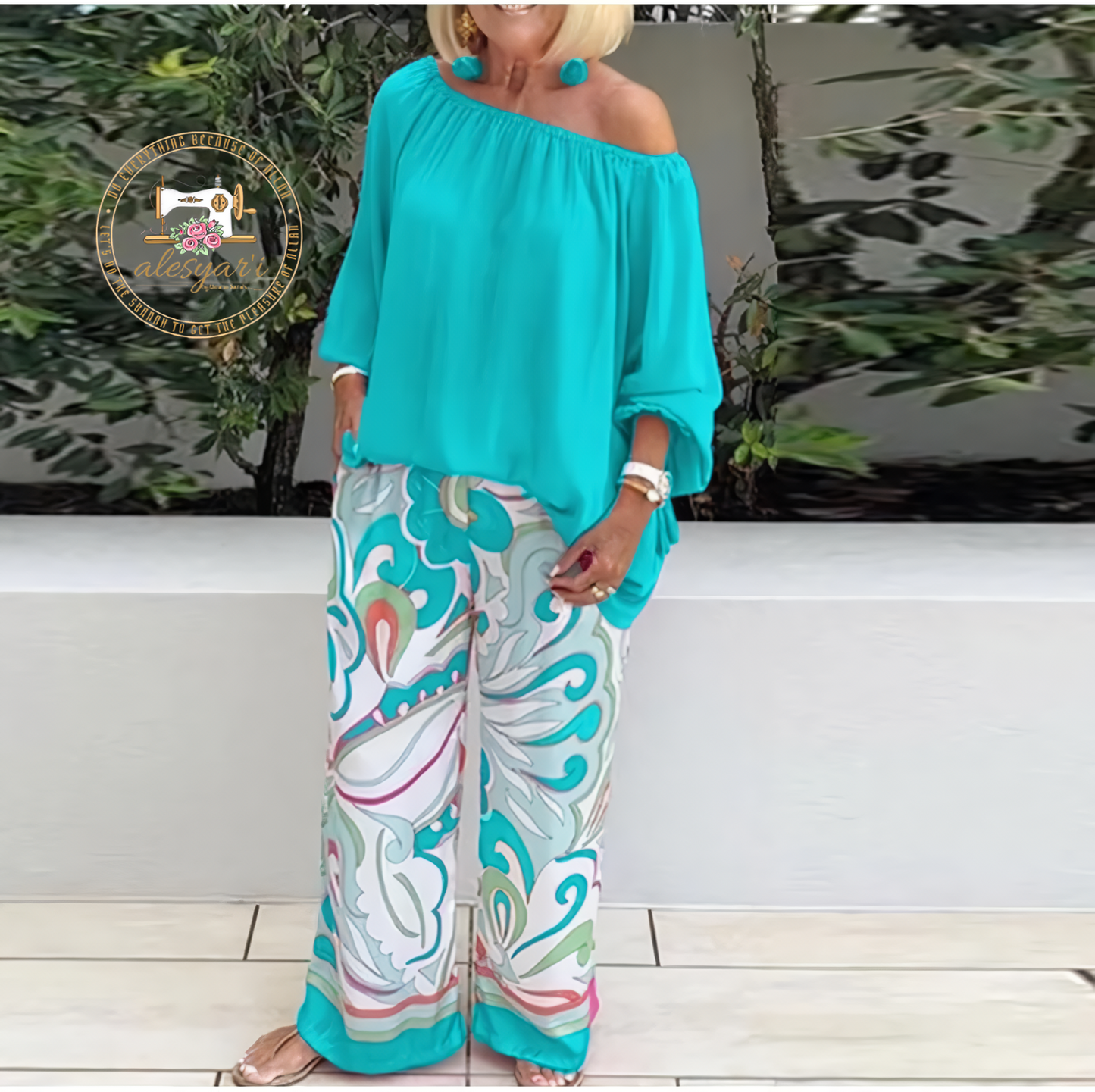 Alesyari Shop I Chic Prints Ensemble: Women's Sexy Off-Shoulder Tops and Wide-Leg Pants Set – Autumn Casual Elegance for Stylish Holiday Outfits