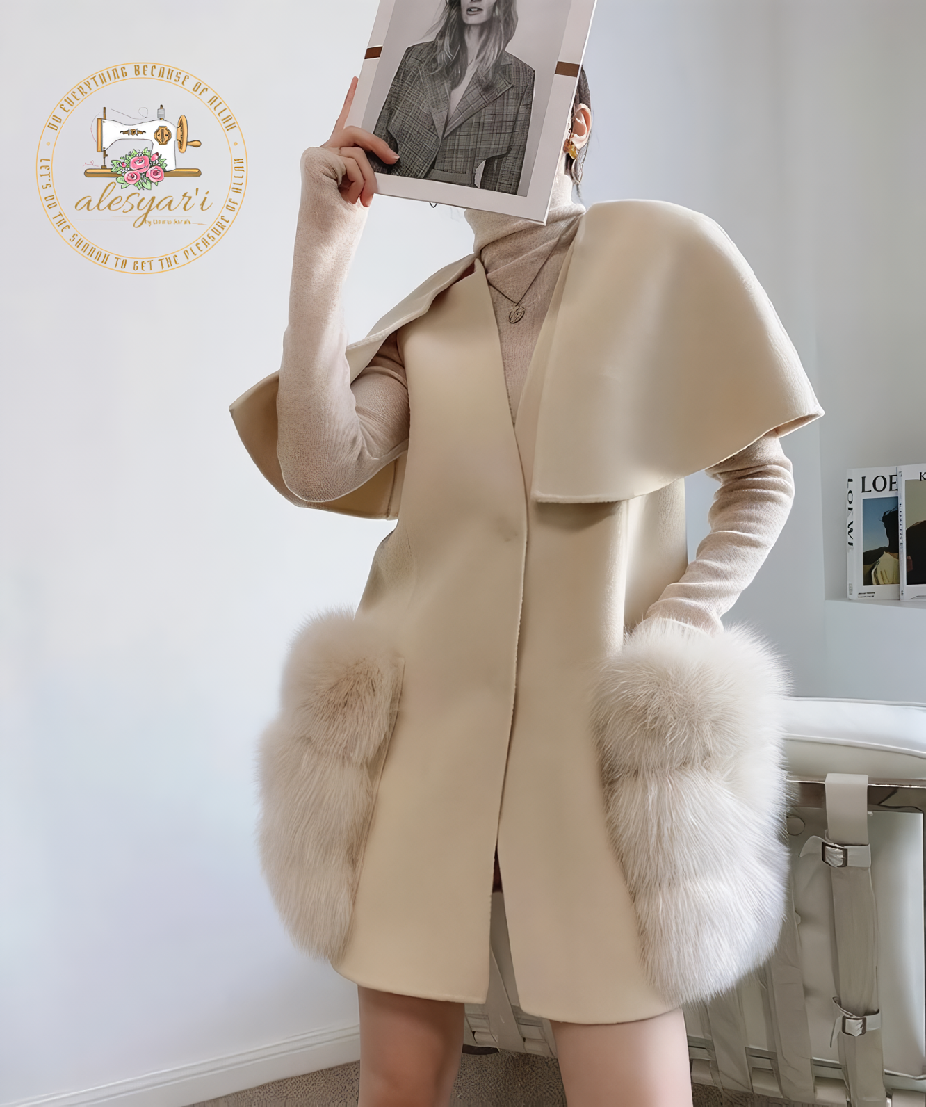 Alesyari Shop I Luxurious Women's Real Wool Cashmere Fur Vest with Stunning Long Fox Fur Overcoats