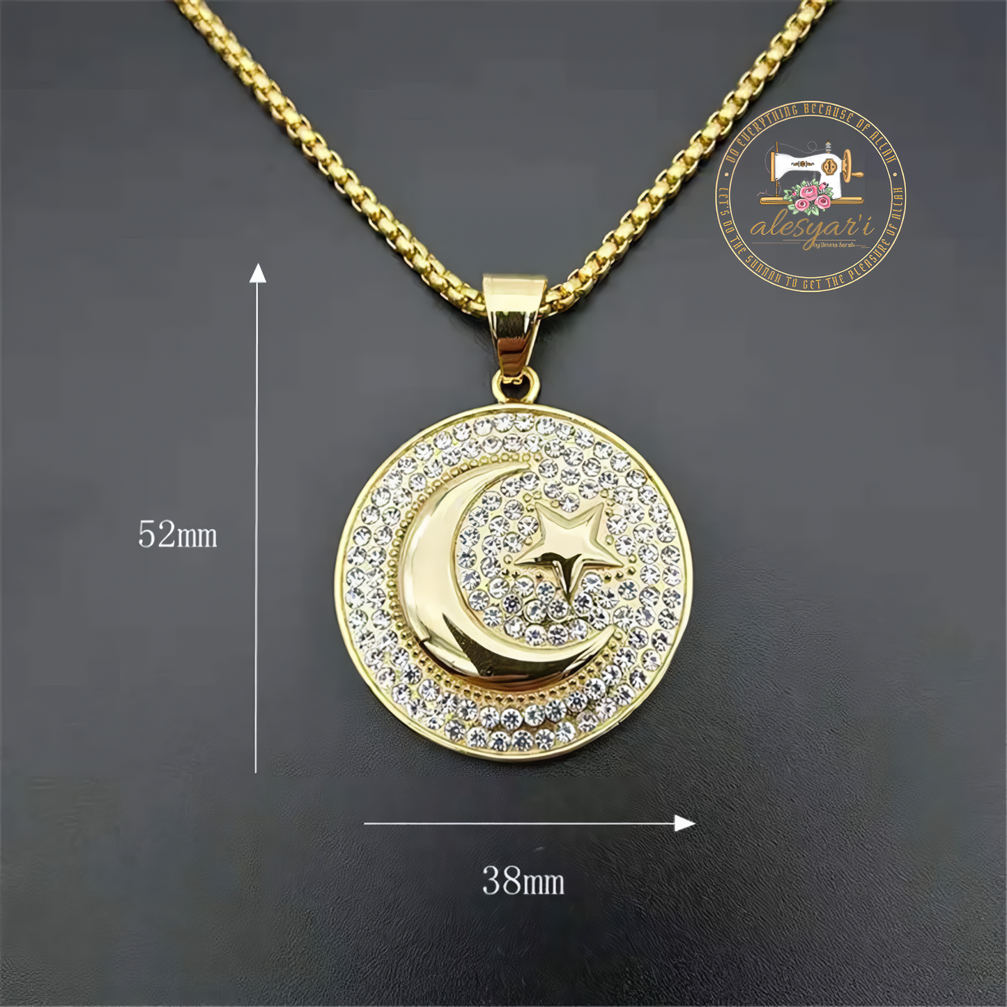 Alesyari Shop I Stainless Steel Round Necklace with Muslim Crescent Moon and Star Pendant for Men and Women