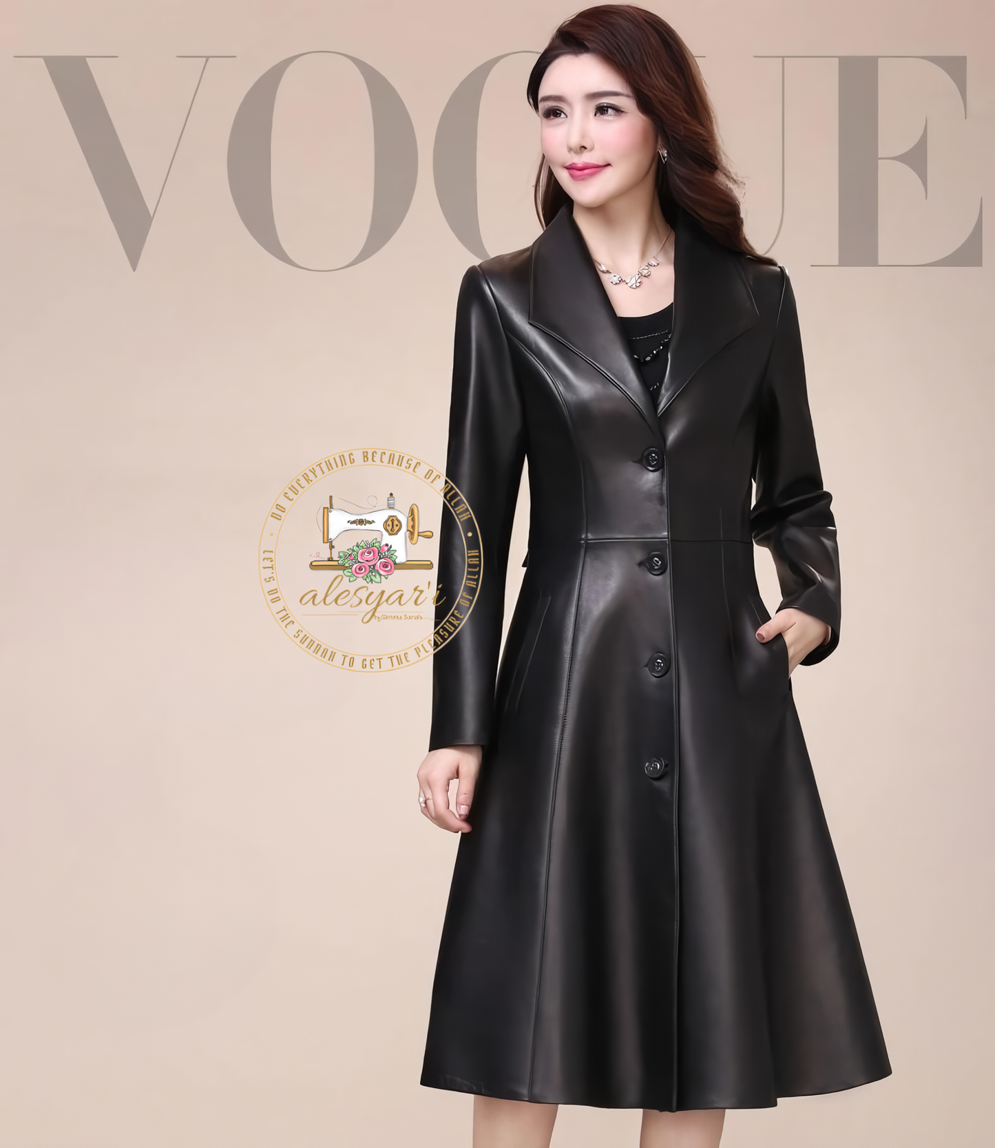 Alesyari Shop I Elegance Unveiled: Embrace Spring and Autumn in Our Long Black Soft Faux Leather Coat – A Stunning Jacket for Women