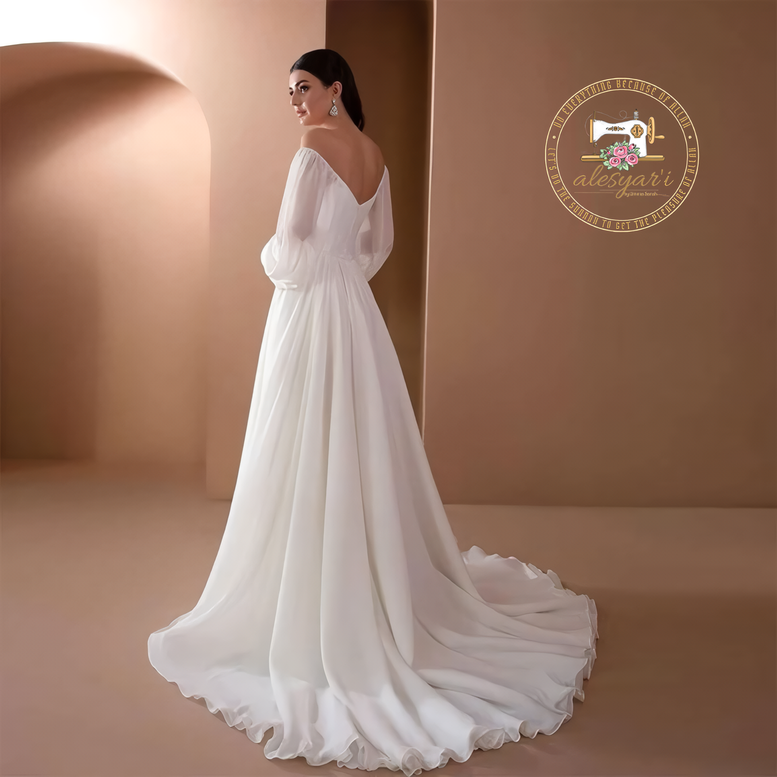 Alesyari Shop I White Floor-Length Gown with Puff Long Sleeves, Sexy Off-Shoulder V-Neck, and Ruched Detail for a Stunning Wedding Evening Look