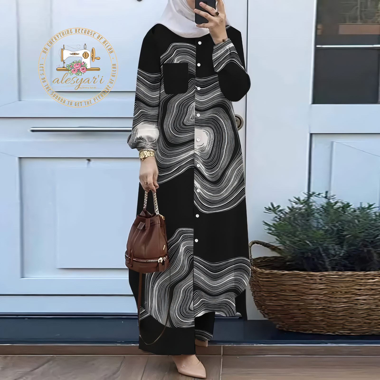 Alesyari Shop I Chic Muslim Fashion: Eid Mubarak 2-Piece Abaya Ensemble with Loose Pants, Long Sleeve Button Blouse, and Vintage Print