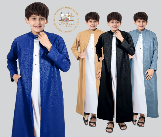 Alesyari Shop I Premium Luxury Boys Abaya Stylish Long-Sleeve Cotton Embossed Gown