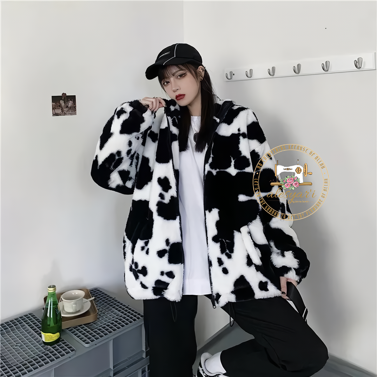 Alesyari Shop I Winter Elegance :  into Style with Our Leather Jacket, Showcasing Playful Cow Prints and in Harajuku Chic