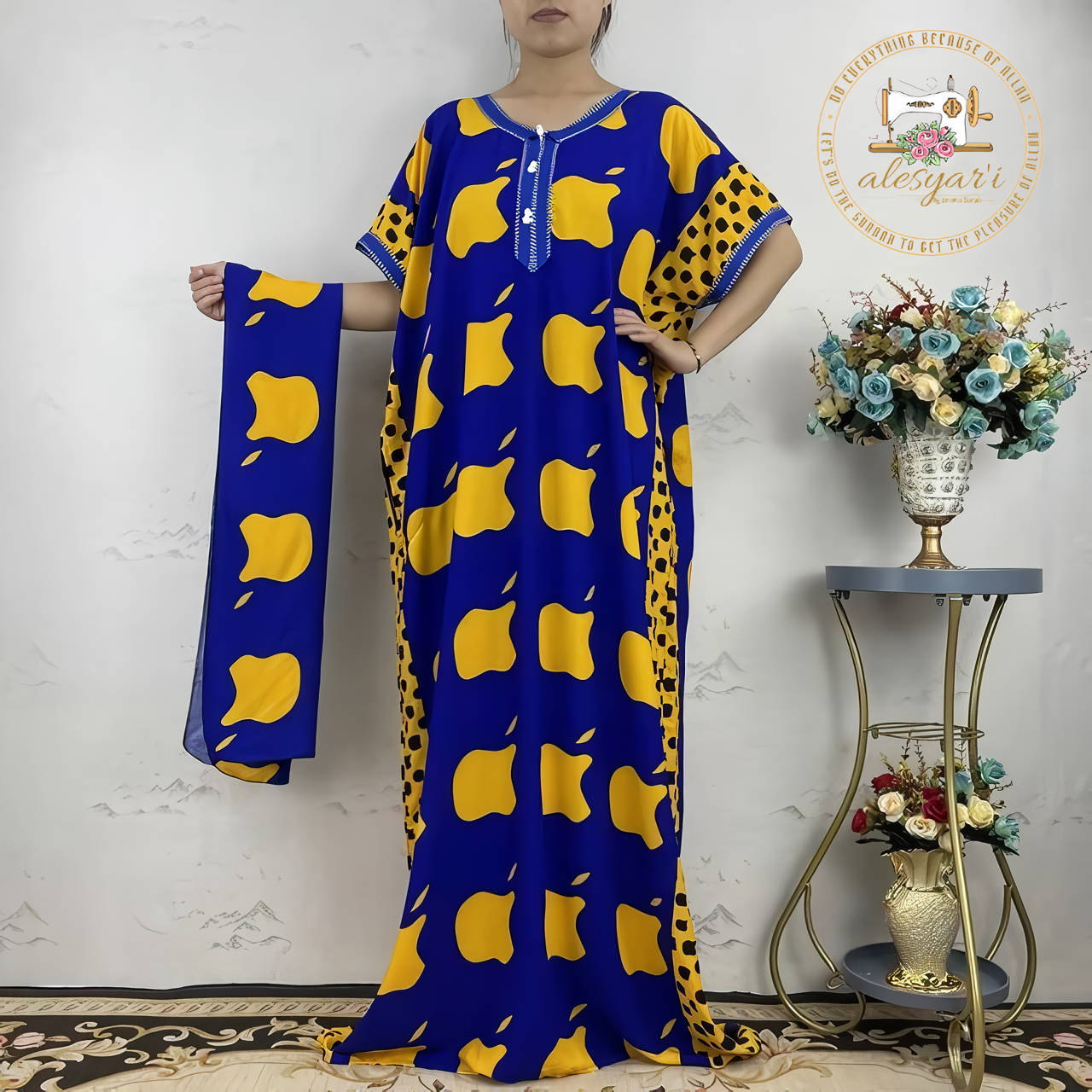 Alesyari Shop I Women's Casual Maxi Kaftan Dress with Floral Dashiki Africa Print, High-Quality Cotton, and Waist Belt  2 Pieces of  Elegance