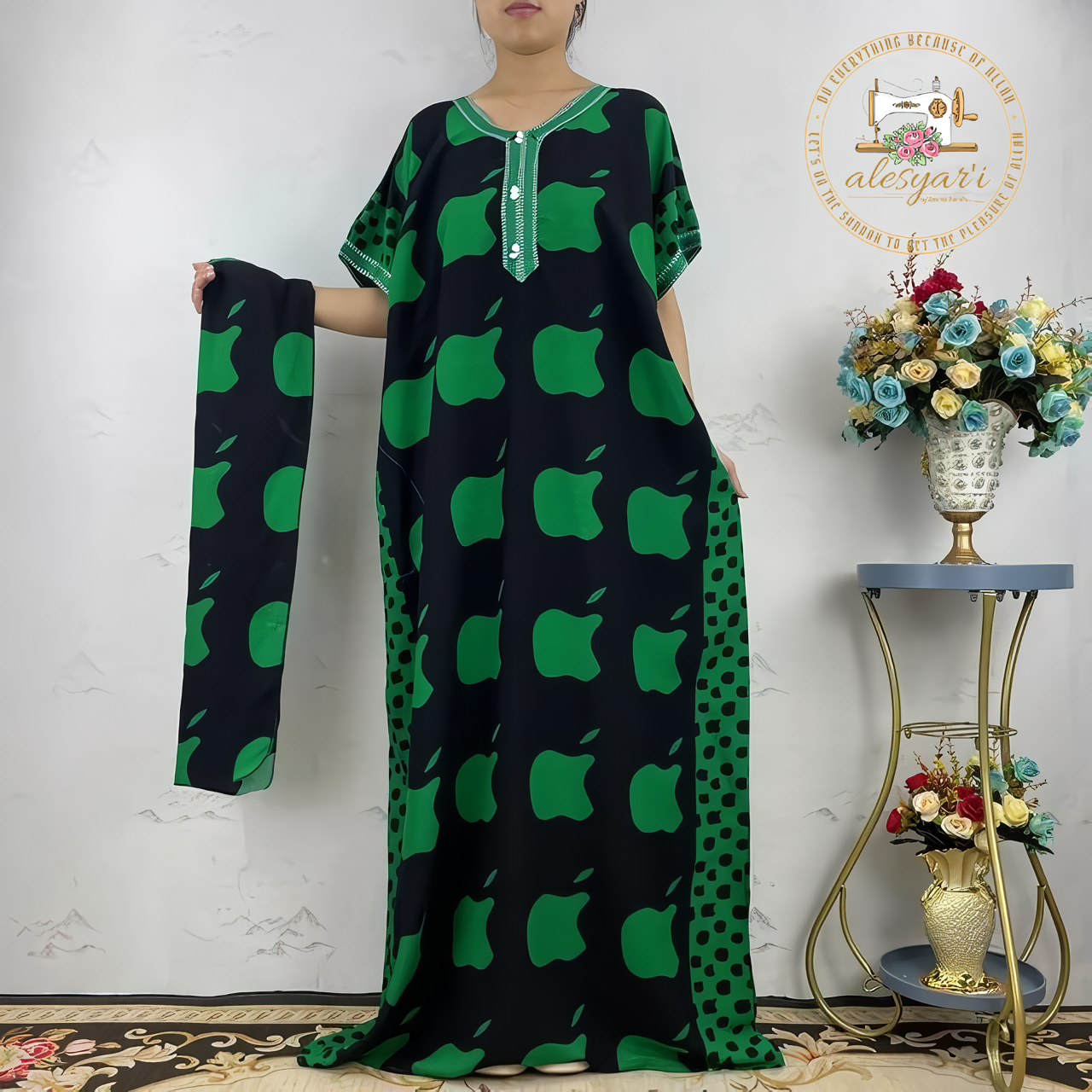 Alesyari Shop I Women's Casual Maxi Kaftan Dress with Floral Dashiki Africa Print, High-Quality Cotton, and Waist Belt  2 Pieces of  Elegance