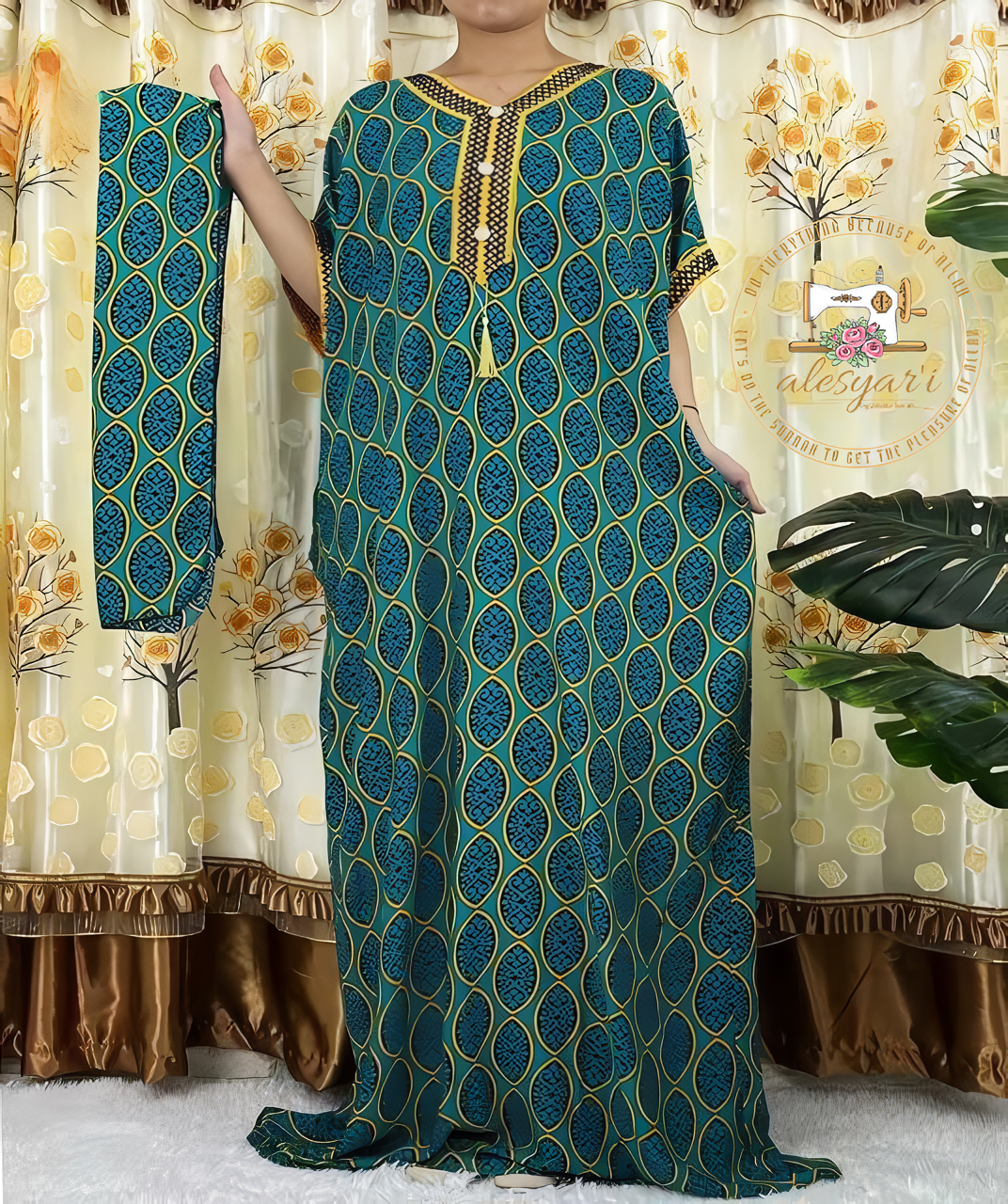 Alesyari Shop I Women's Casual Maxi Kaftan Dress with Floral Dashiki Africa Print, High-Quality Cotton, and Waist Belt  2 Pieces of  Elegance