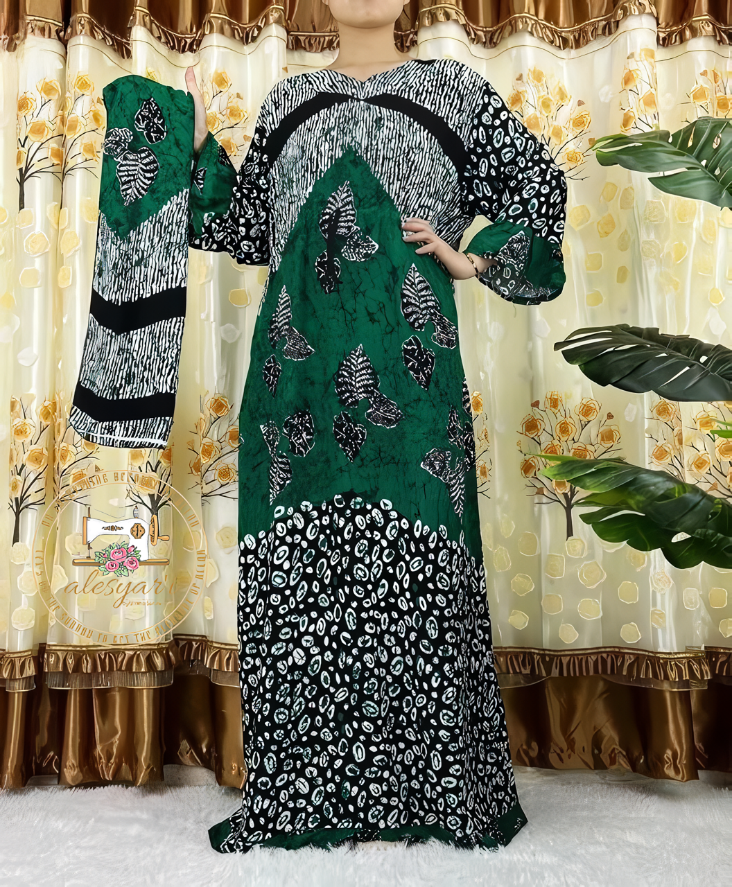 Alesyari Shop I Women's Casual Maxi Kaftan Dress with Floral Dashiki Africa Print, High-Quality Cotton, and Waist Belt  2 Pieces of  Elegance