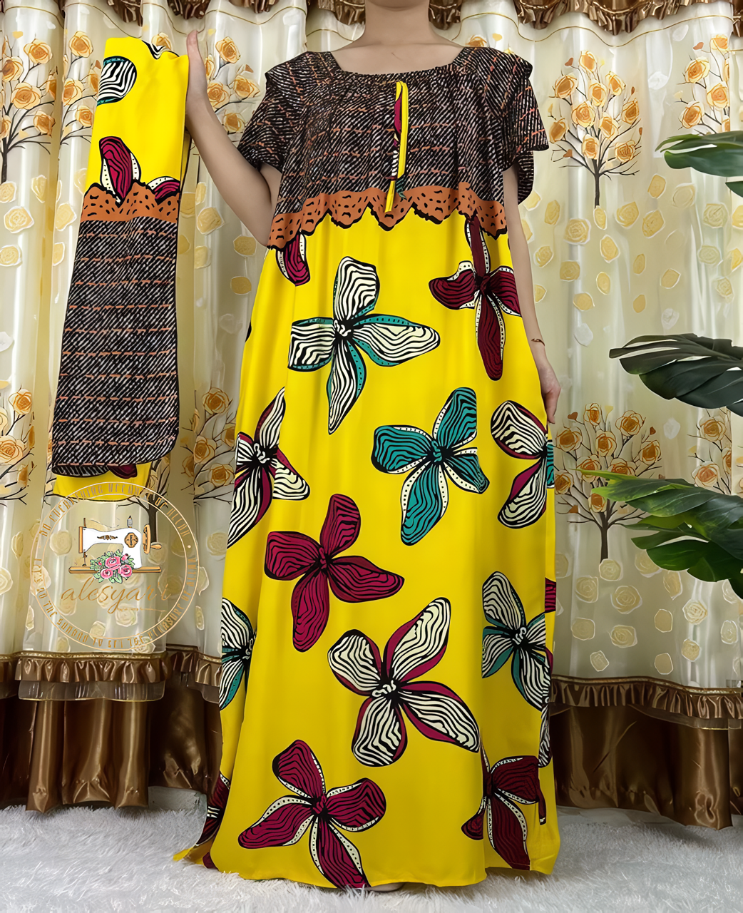 Alesyari Shop I Women's Casual Maxi Kaftan Dress with Floral Dashiki Africa Print, High-Quality Cotton, and Waist Belt  2 Pieces of  Elegance