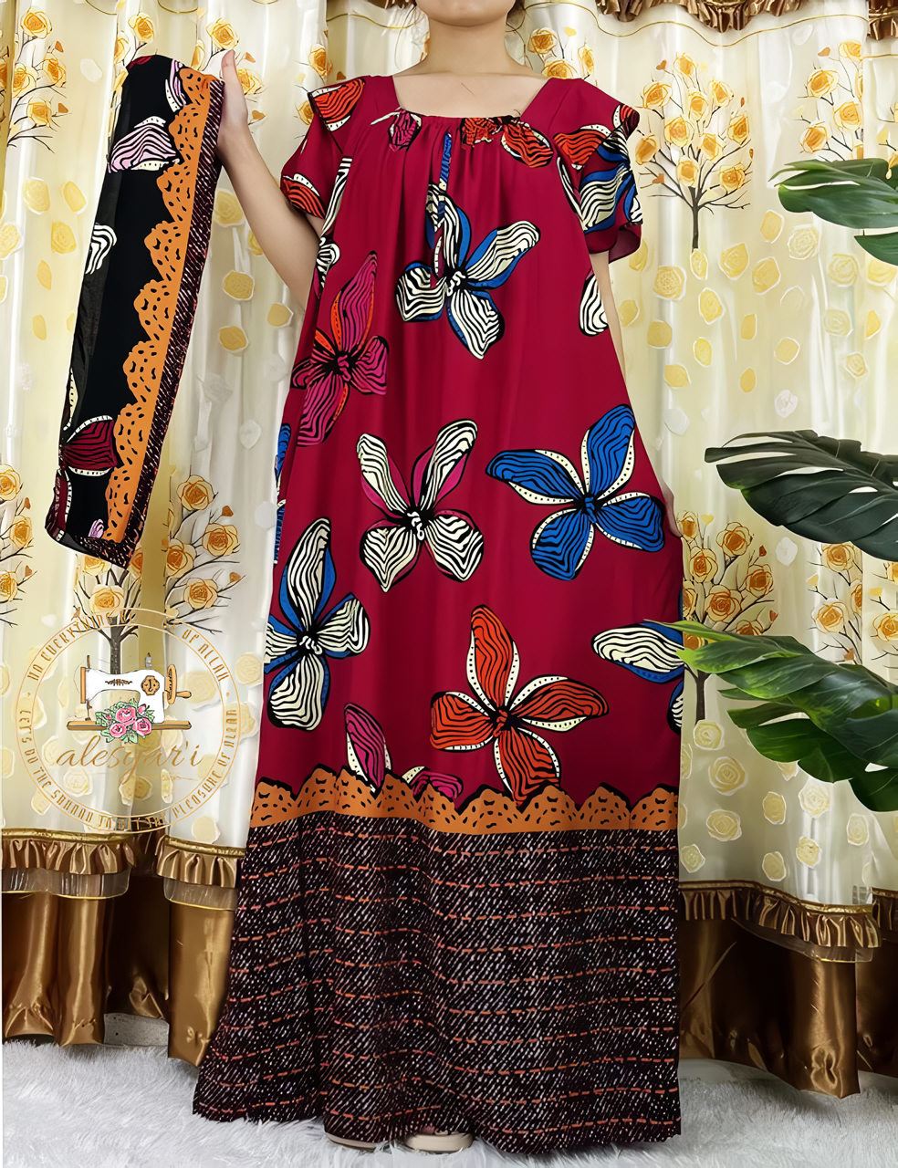 Alesyari Shop I Women's Casual Maxi Kaftan Dress with Floral Dashiki Africa Print, High-Quality Cotton, and Waist Belt  2 Pieces of  Elegance