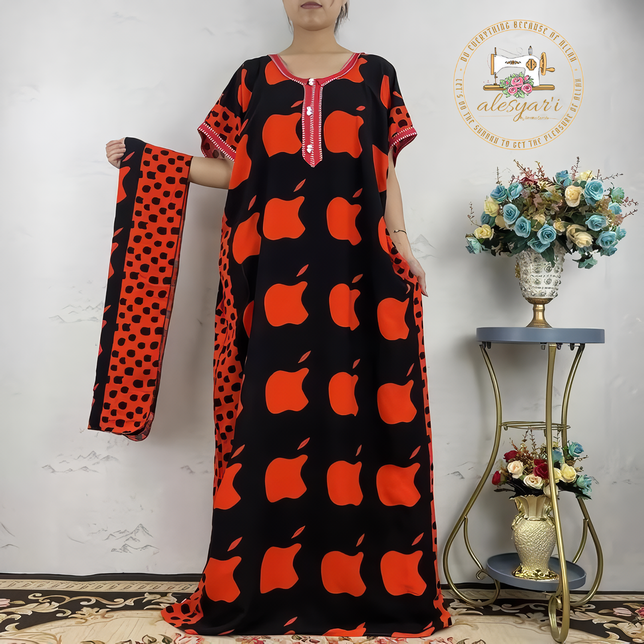 Alesyari Shop I Women's Casual Maxi Kaftan Dress with Floral Dashiki Africa Print, High-Quality Cotton, and Waist Belt  2 Pieces of  Elegance