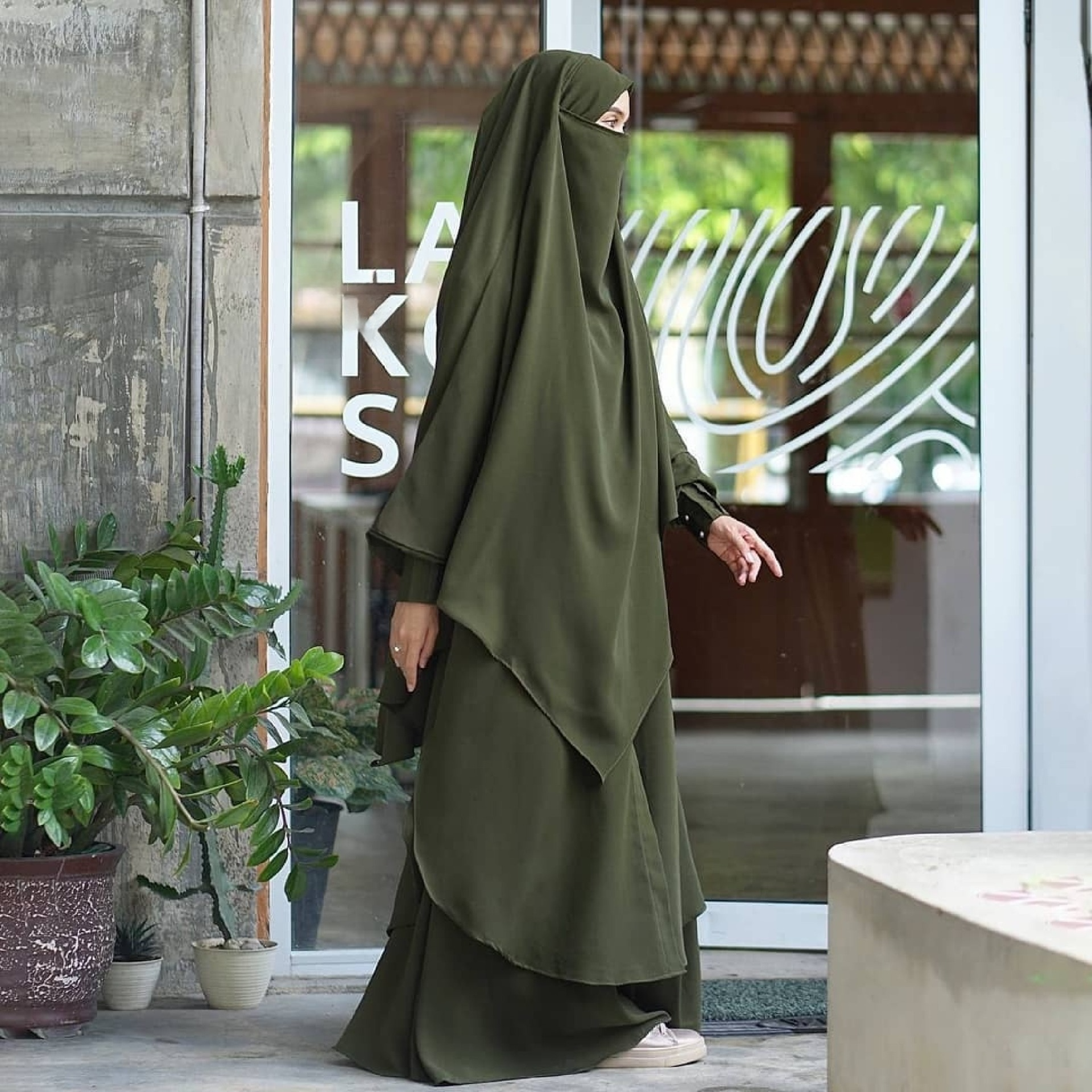 Raada French Khimar or Non Pad Abaya Semi Tunic in Army Green Color