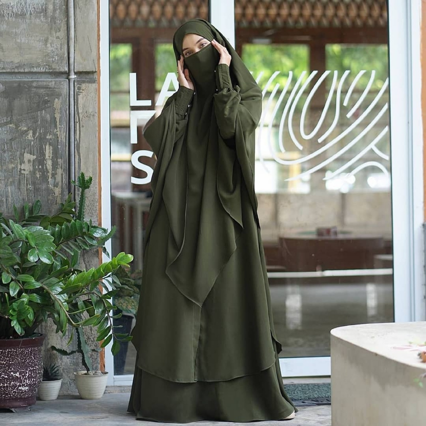 Raada French Khimar or Non Pad Abaya Semi Tunic in Army Green Color