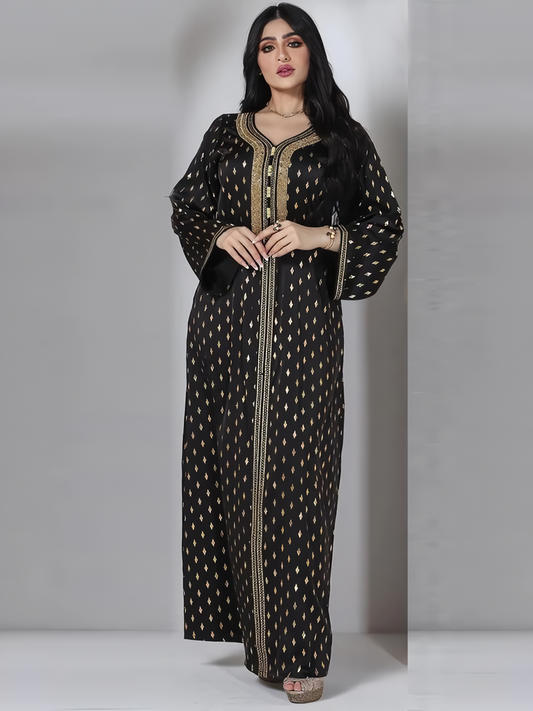 Alesyari Shop I Muslim Abaya Dress with Embroidered Flowers: Saudi-Style Black Abaya: Loose-Fit with Antique Diamond Pattern