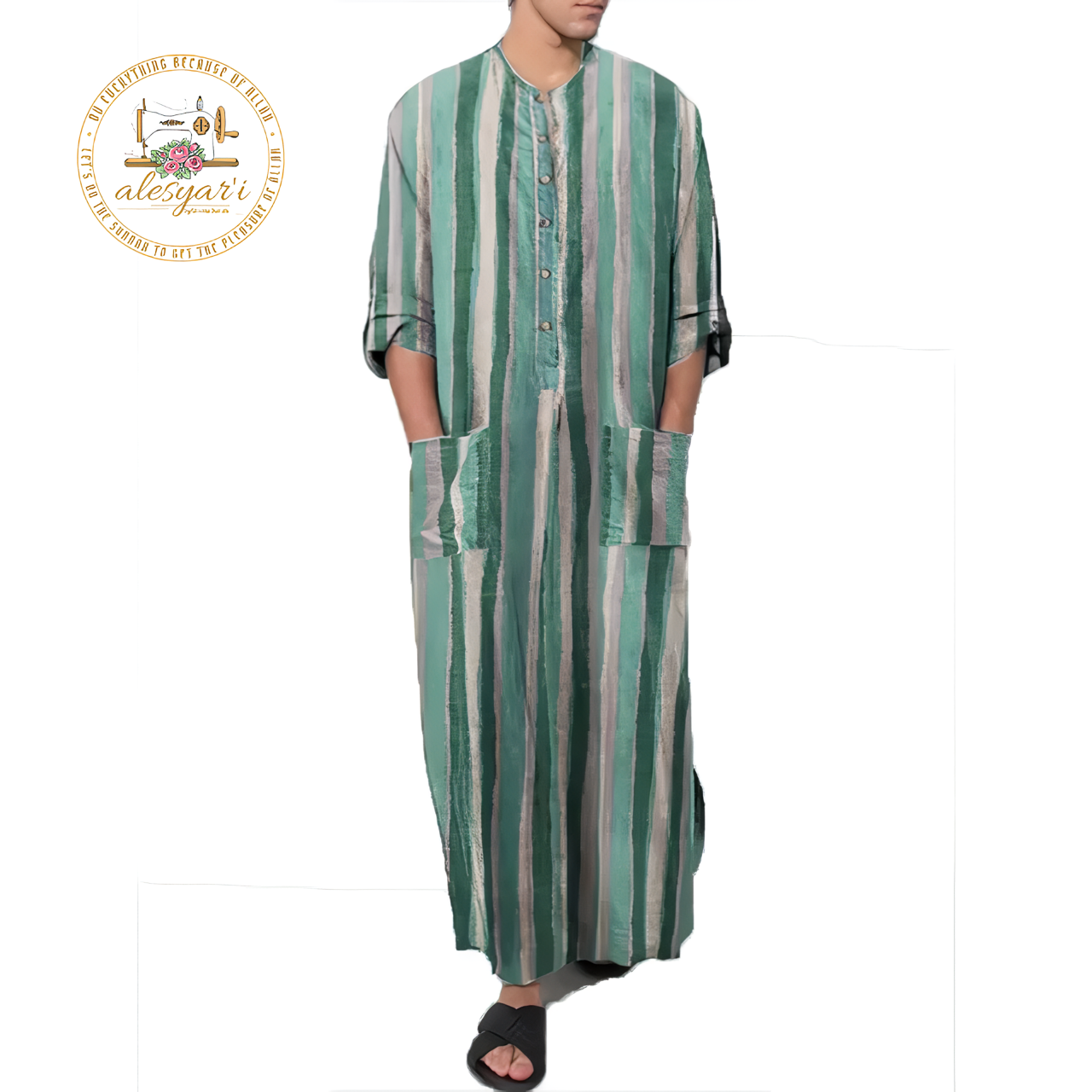 Alesyari Shop I Mens Islamic 2024 Jubba Thobe Long Sleeve, Solid Pockets,  Abaya Dress Classic Muslim Kaftan for Discerning Gentlemen