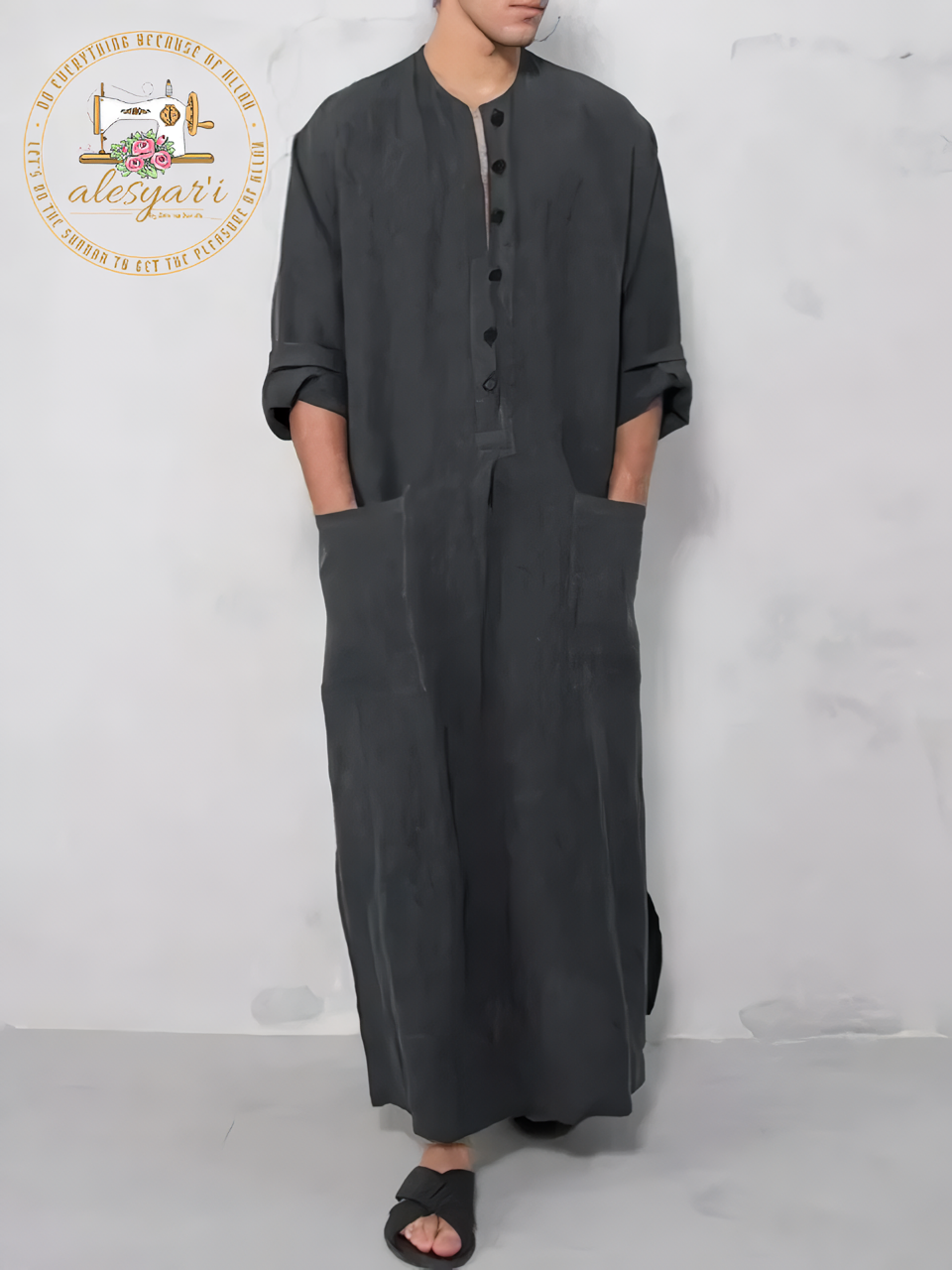 Alesyari Shop I Mens Islamic 2024 Jubba Thobe Long Sleeve, Solid Pockets,  Abaya Dress Classic Muslim Kaftan for Discerning Gentlemen