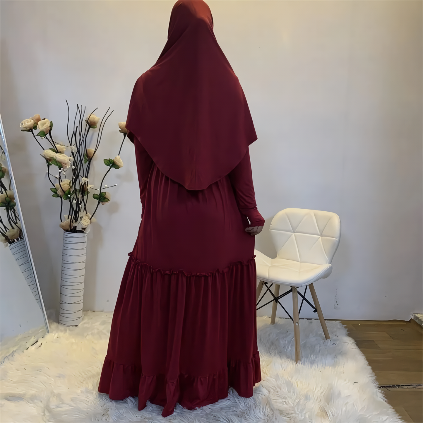 Alesyari Shop I Fall Maxi Dress with Long Khimar, Turkish-Malaysian style, in solid milk silk